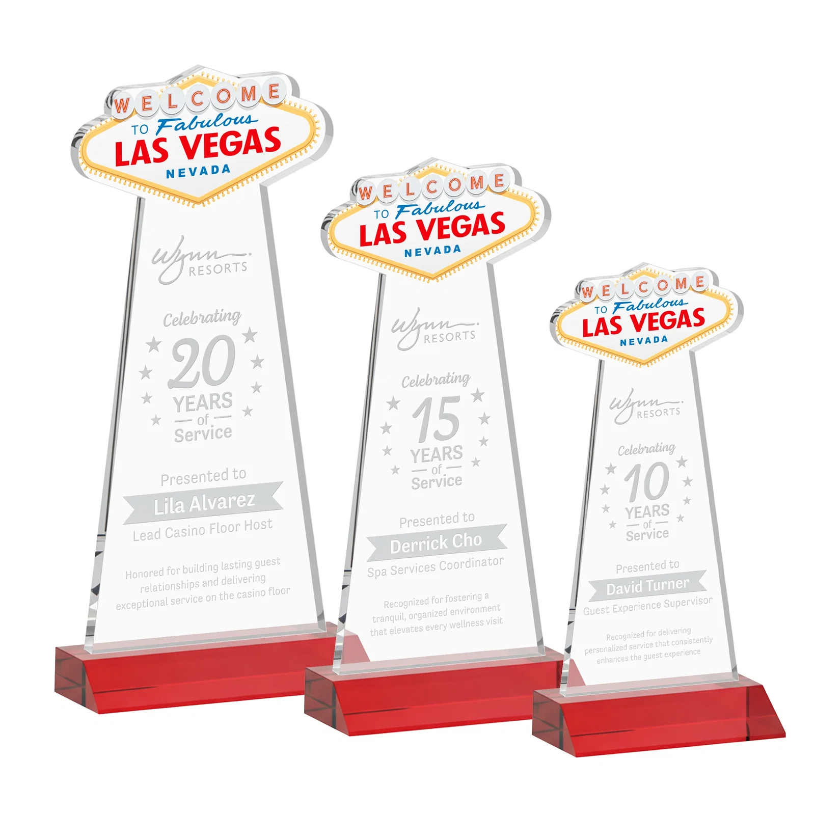 Promotional Starfire Crystal Las Vegas Sign Award on Front-Mitered Base for employee recognition