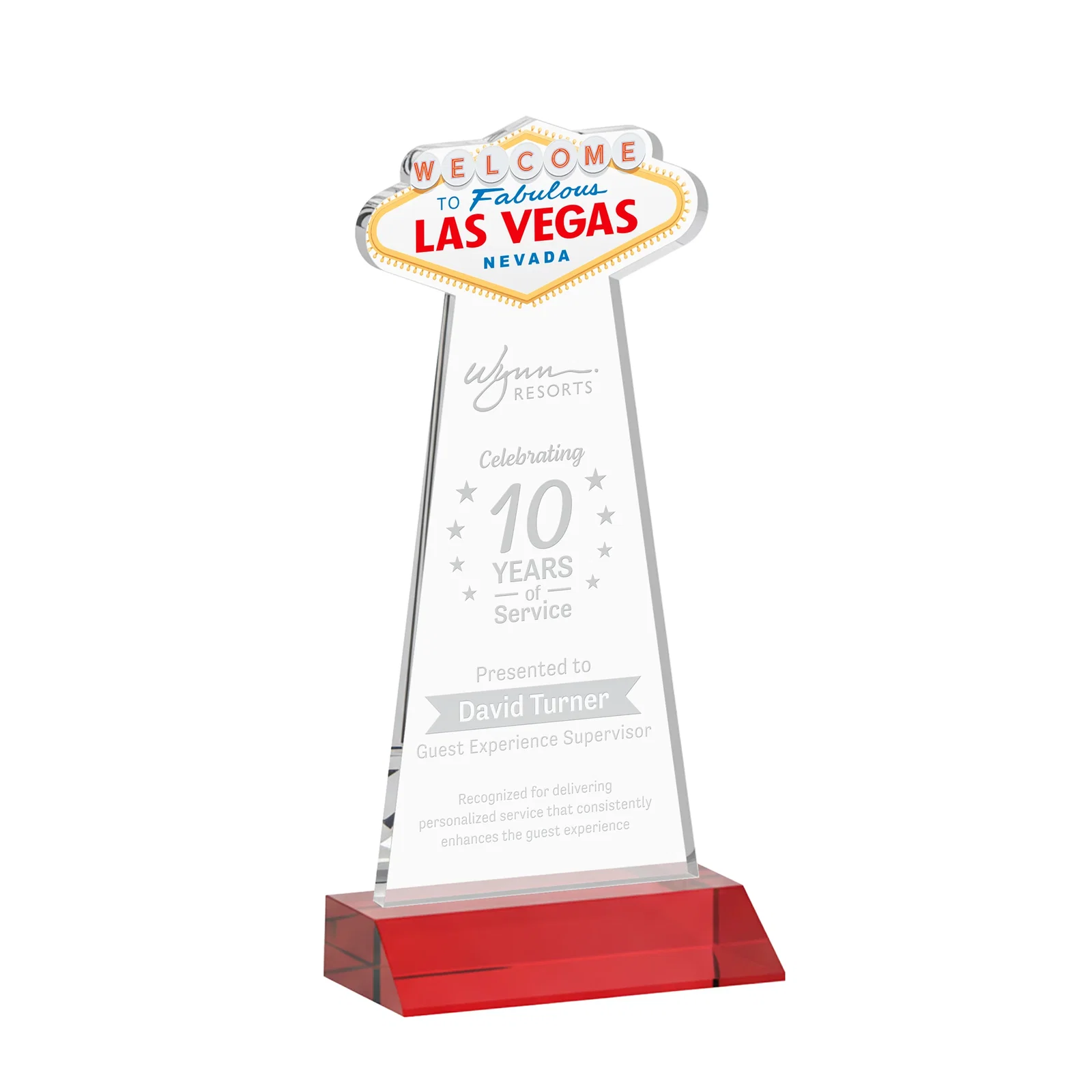 Promotional Starfire Crystal Las Vegas Sign Award on Front-Mitered Base for corporate award ceremonies