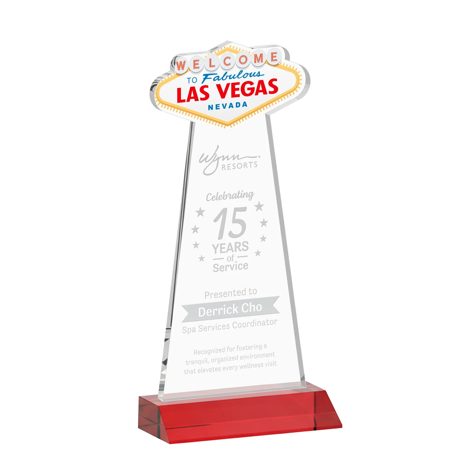 Promotional Starfire Crystal Las Vegas Sign Award on Front-Mitered Base for service anniversary gifts