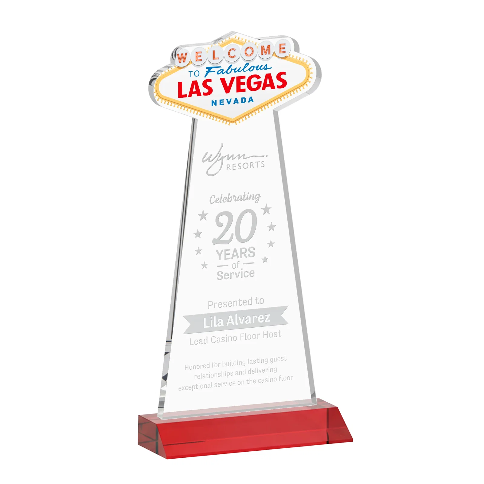 Promotional Starfire Crystal Las Vegas Sign Award on Front-Mitered Base for sales achievement awards