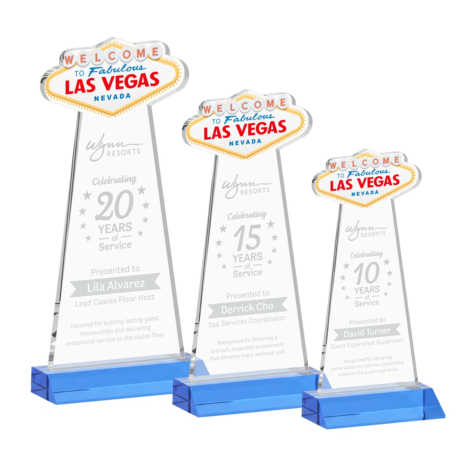 Promotional Starfire Crystal Las Vegas Sign Award on Front-Mitered Base for retirement presentations