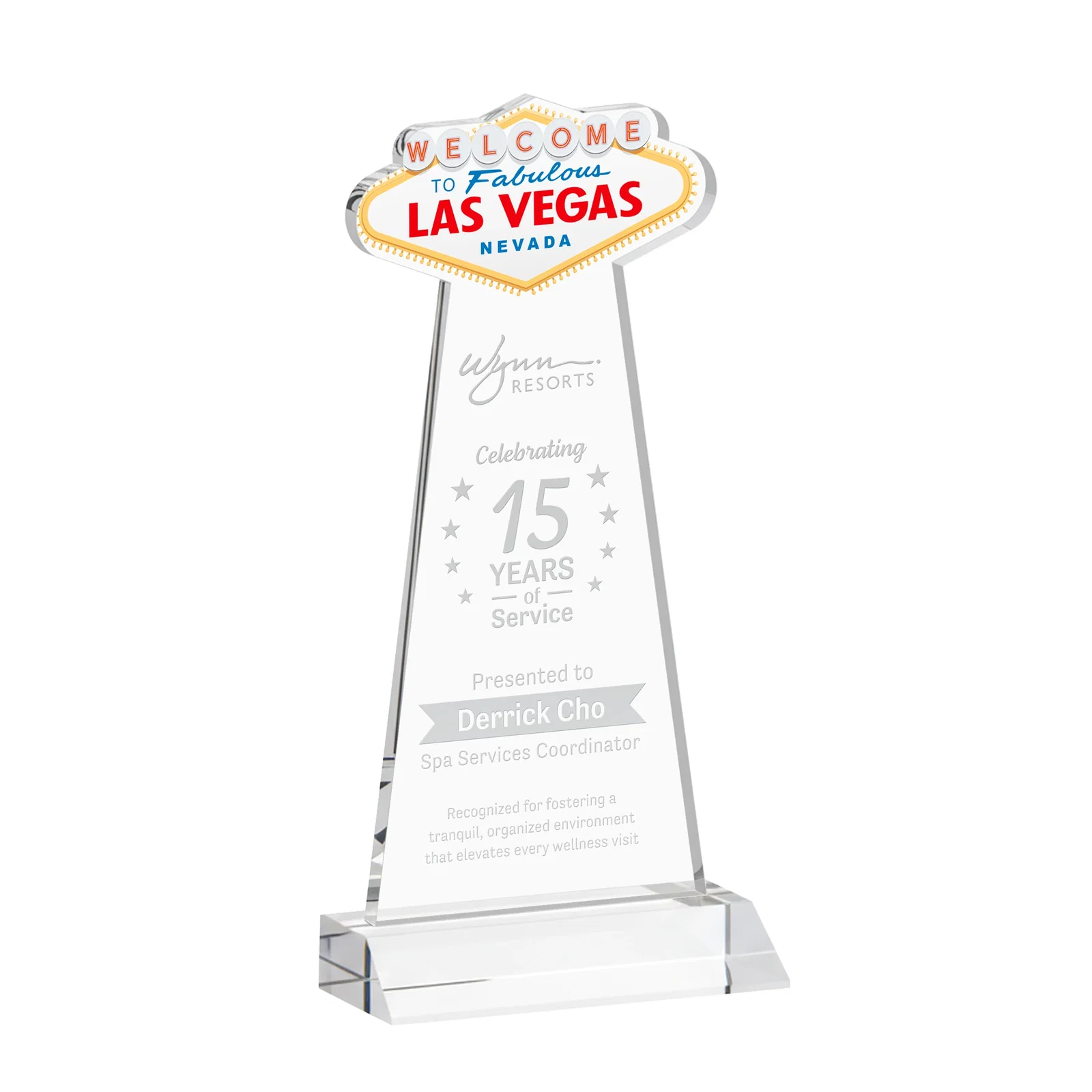 Custom Starfire Crystal Las Vegas Sign Award on Front-Mitered Base for service anniversary gifts