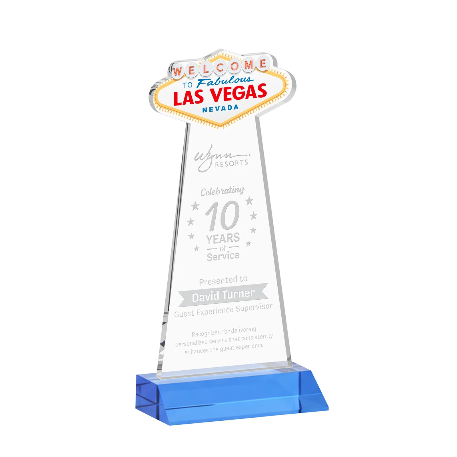 Promotional Starfire Crystal Las Vegas Sign Award on Front-Mitered Base for team milestone celebrations