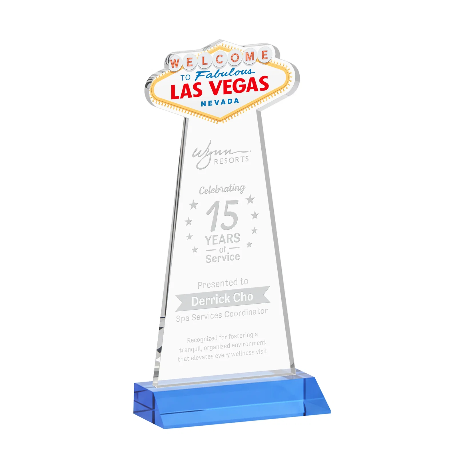 Promotional Starfire Crystal Las Vegas Sign Award on Front-Mitered Base for donor appreciation