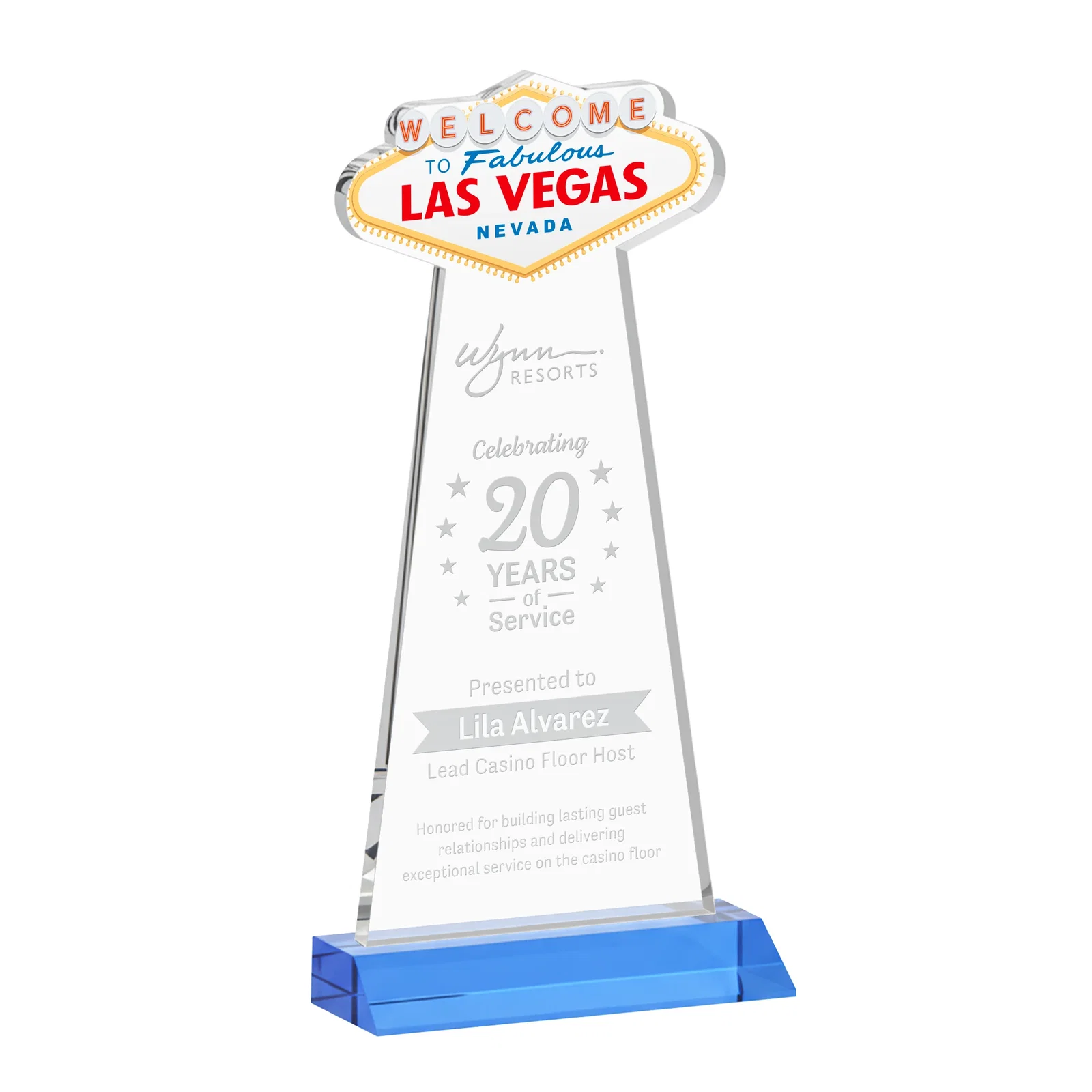 Promotional Starfire Crystal Las Vegas Sign Award on Front-Mitered Base for graduation ceremonies