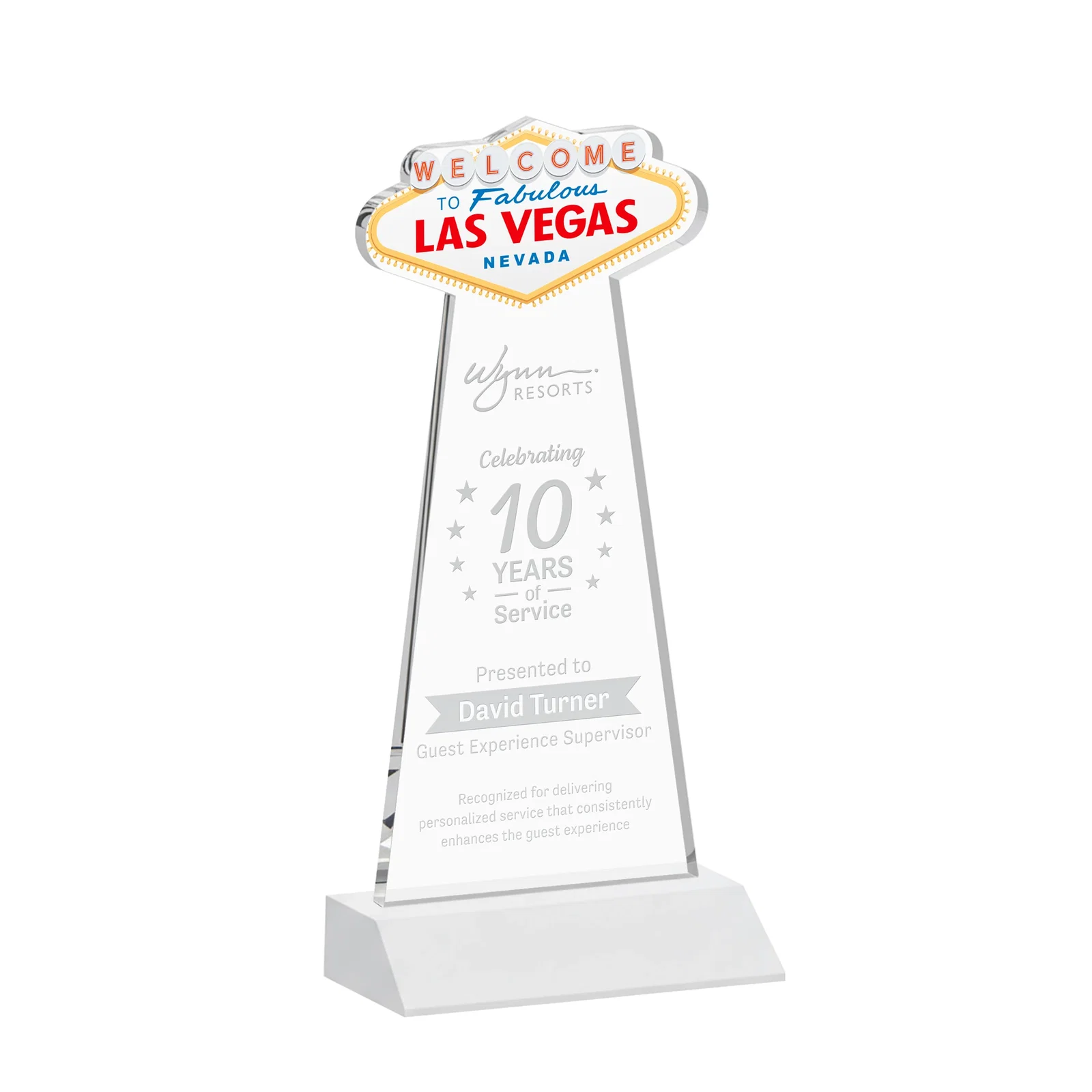 Promotional Starfire Crystal Las Vegas Sign Award on Front-Mitered Base for volunteer appreciation