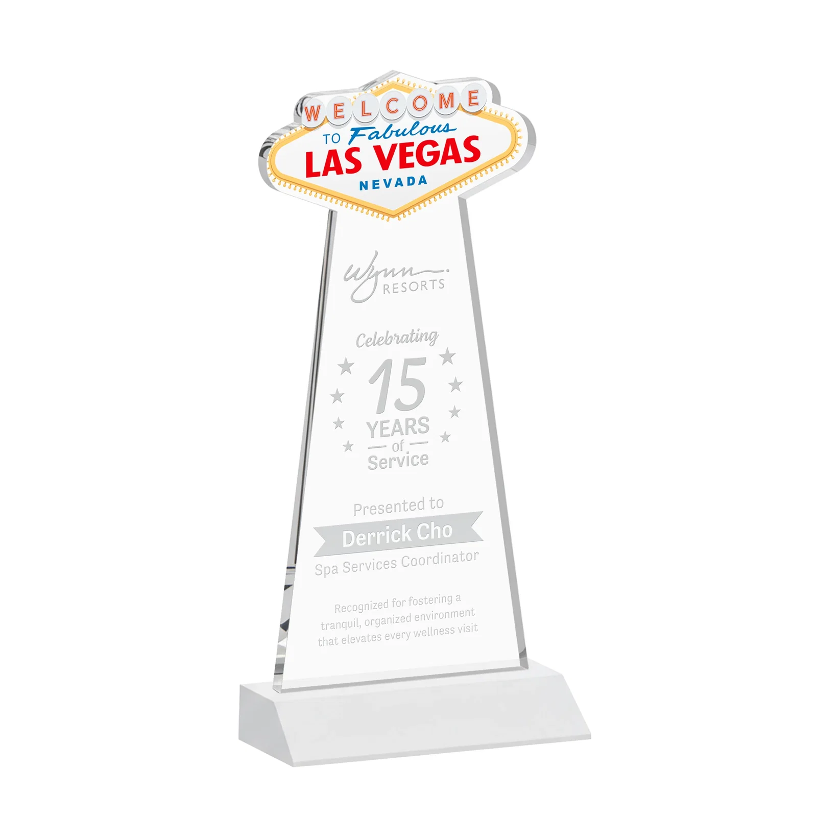 Promotional Starfire Crystal Las Vegas Sign Award on Front-Mitered Base for dealer and partner awards