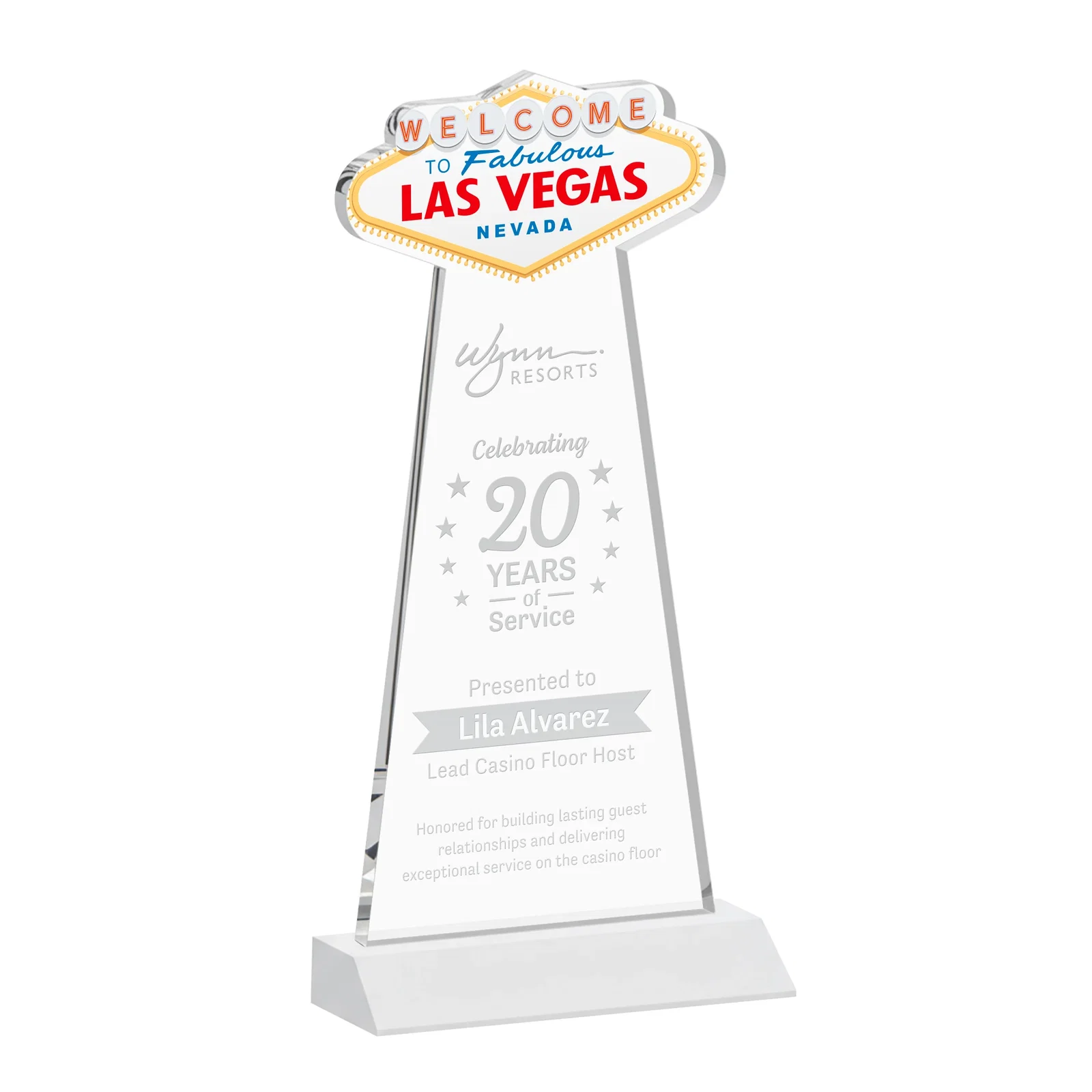 Promotional Starfire Crystal Las Vegas Sign Award on Front-Mitered Base for company anniversary events