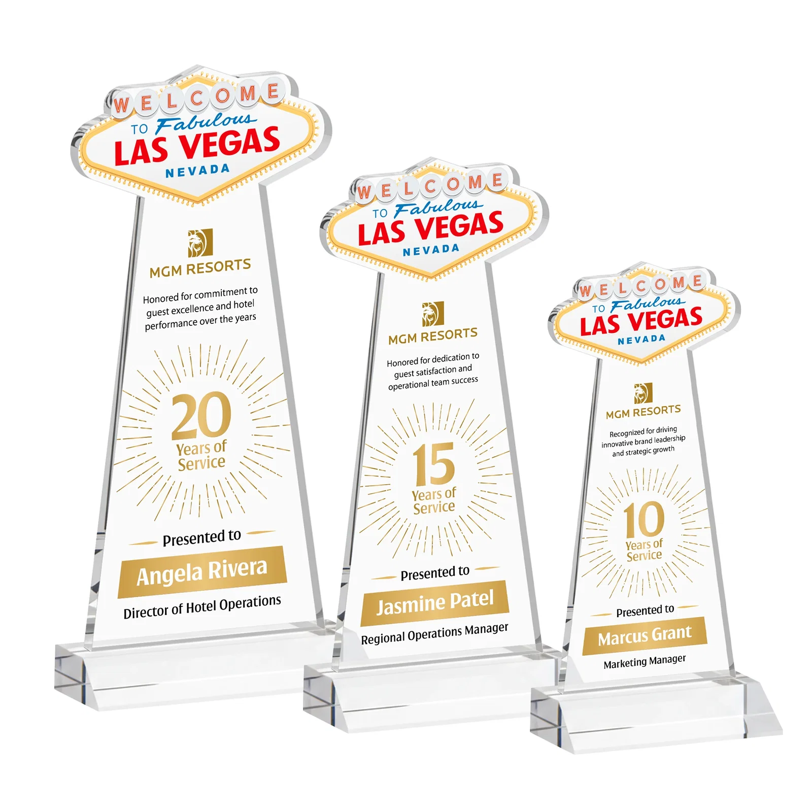 Branded Starfire Crystal Las Vegas Sign Award on Front-Mitered Base for employee recognition