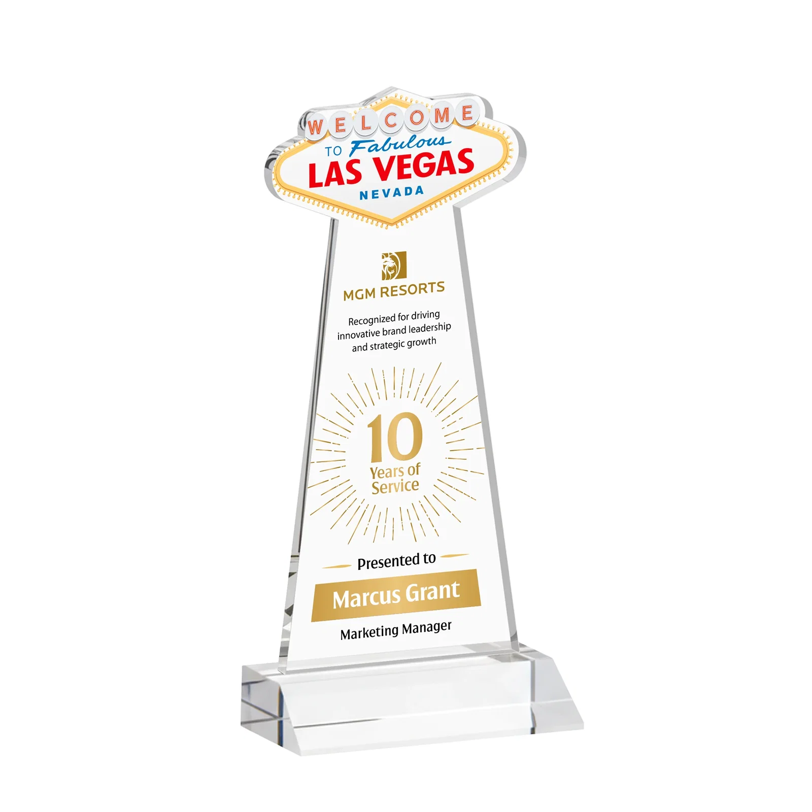 Branded Starfire Crystal Las Vegas Sign Award on Front-Mitered Base for corporate award ceremonies