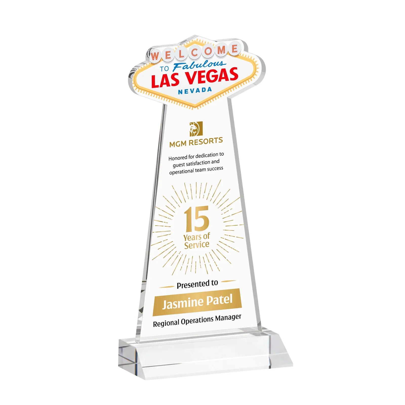 Branded Starfire Crystal Las Vegas Sign Award on Front-Mitered Base for service anniversary gifts