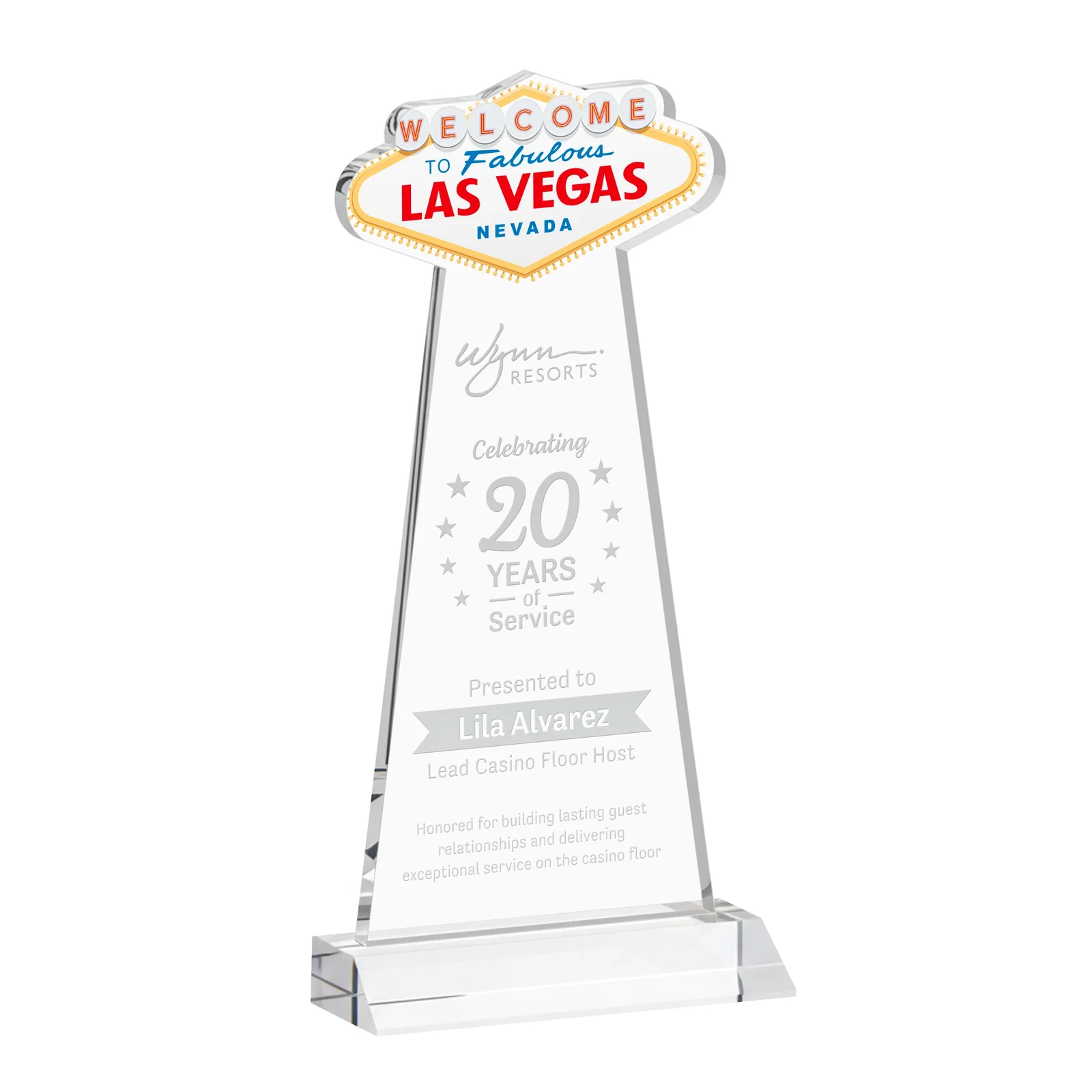 Custom Starfire Crystal Las Vegas Sign Award on Front-Mitered Base for sales achievement awards