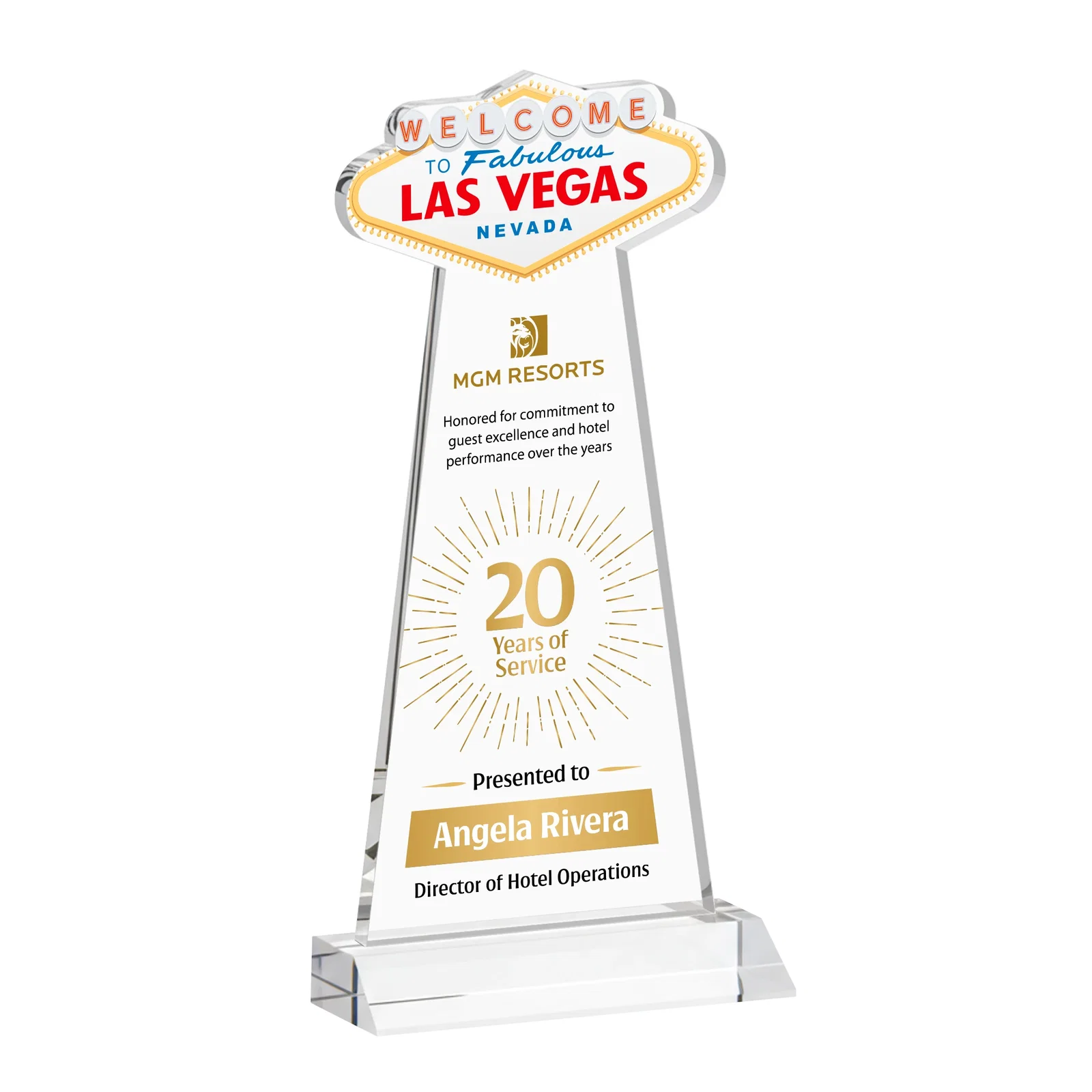 Branded Starfire Crystal Las Vegas Sign Award on Front-Mitered Base for sales achievement awards