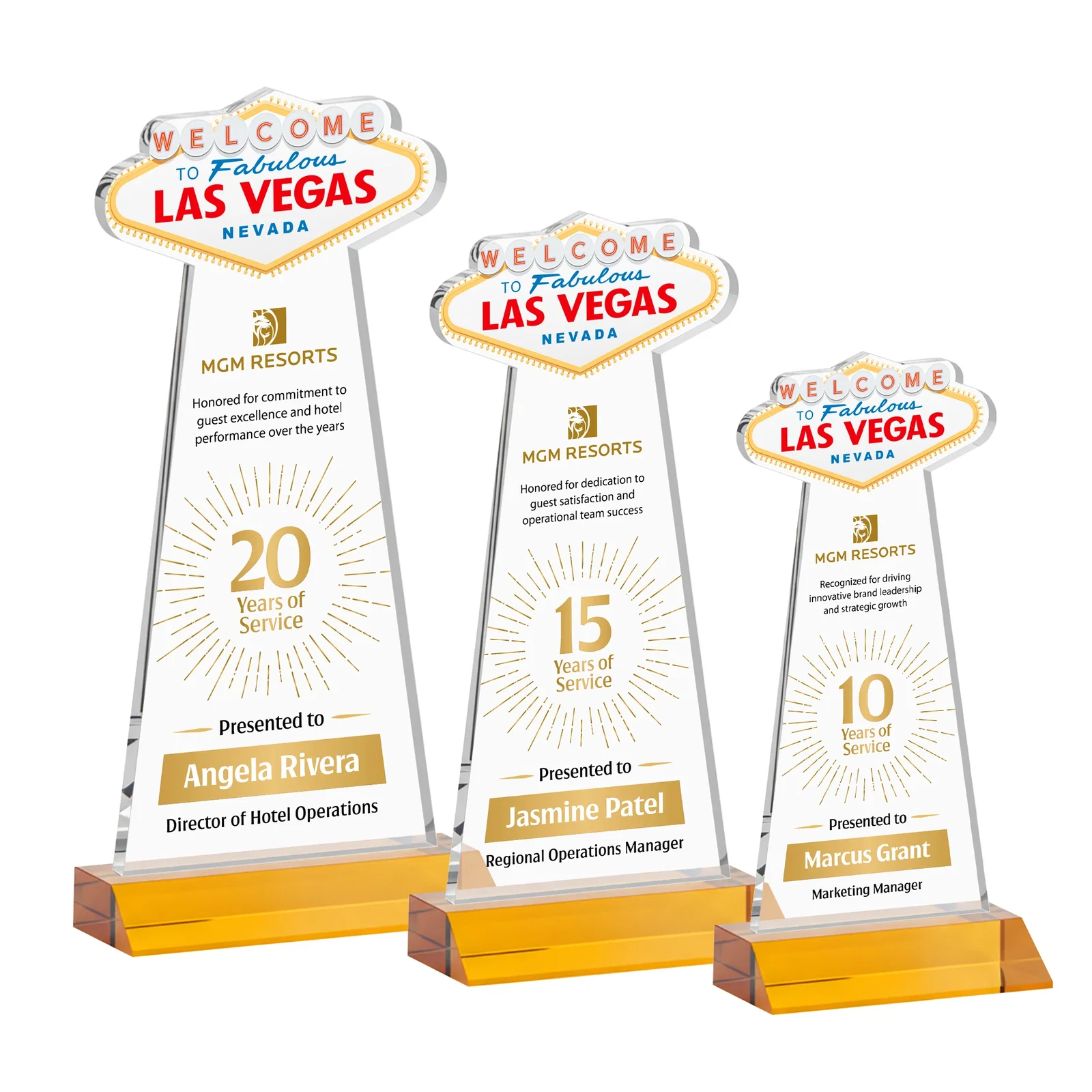 Branded Starfire Crystal Las Vegas Sign Award on Front-Mitered Base for retirement presentations