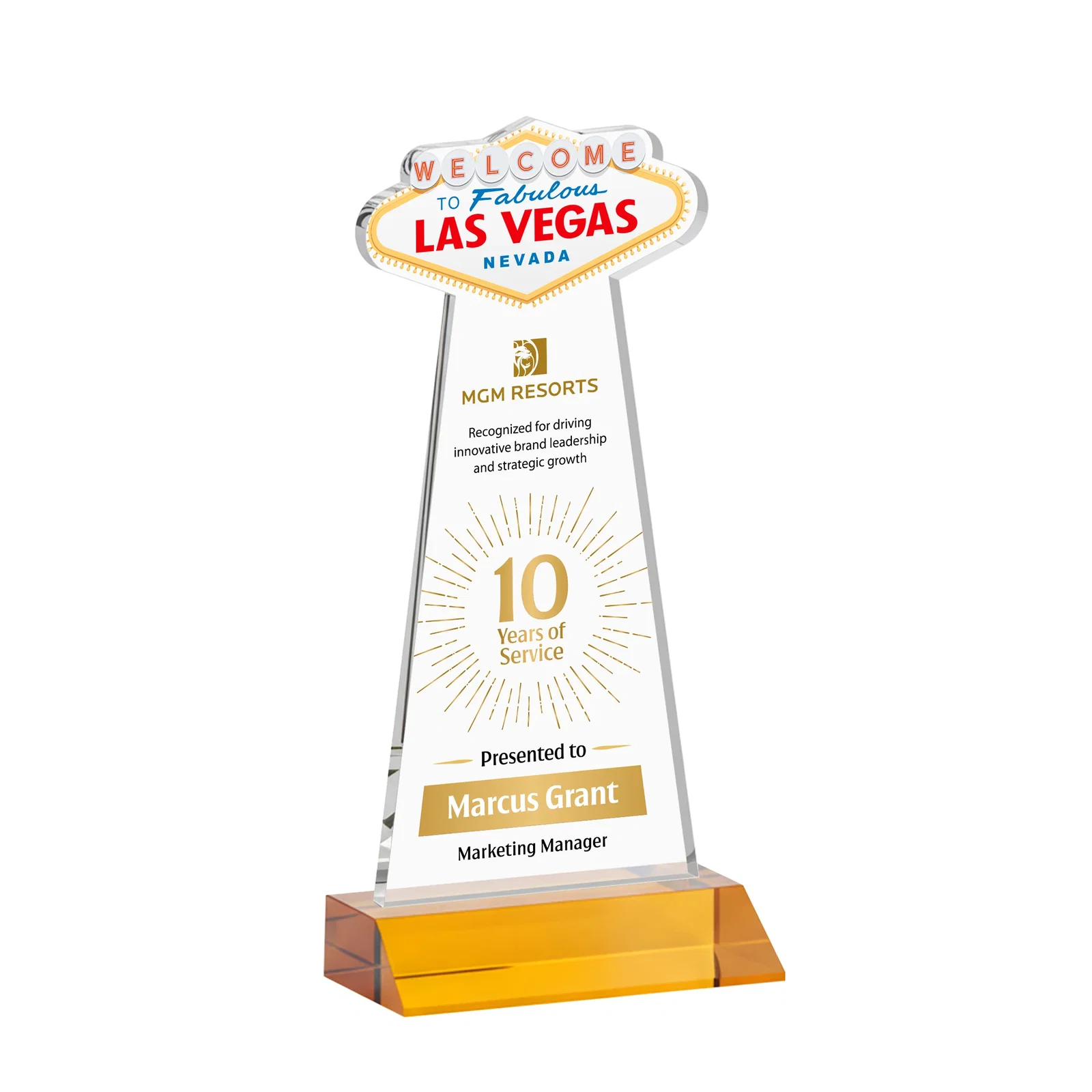 Branded Starfire Crystal Las Vegas Sign Award on Front-Mitered Base for team milestone celebrations