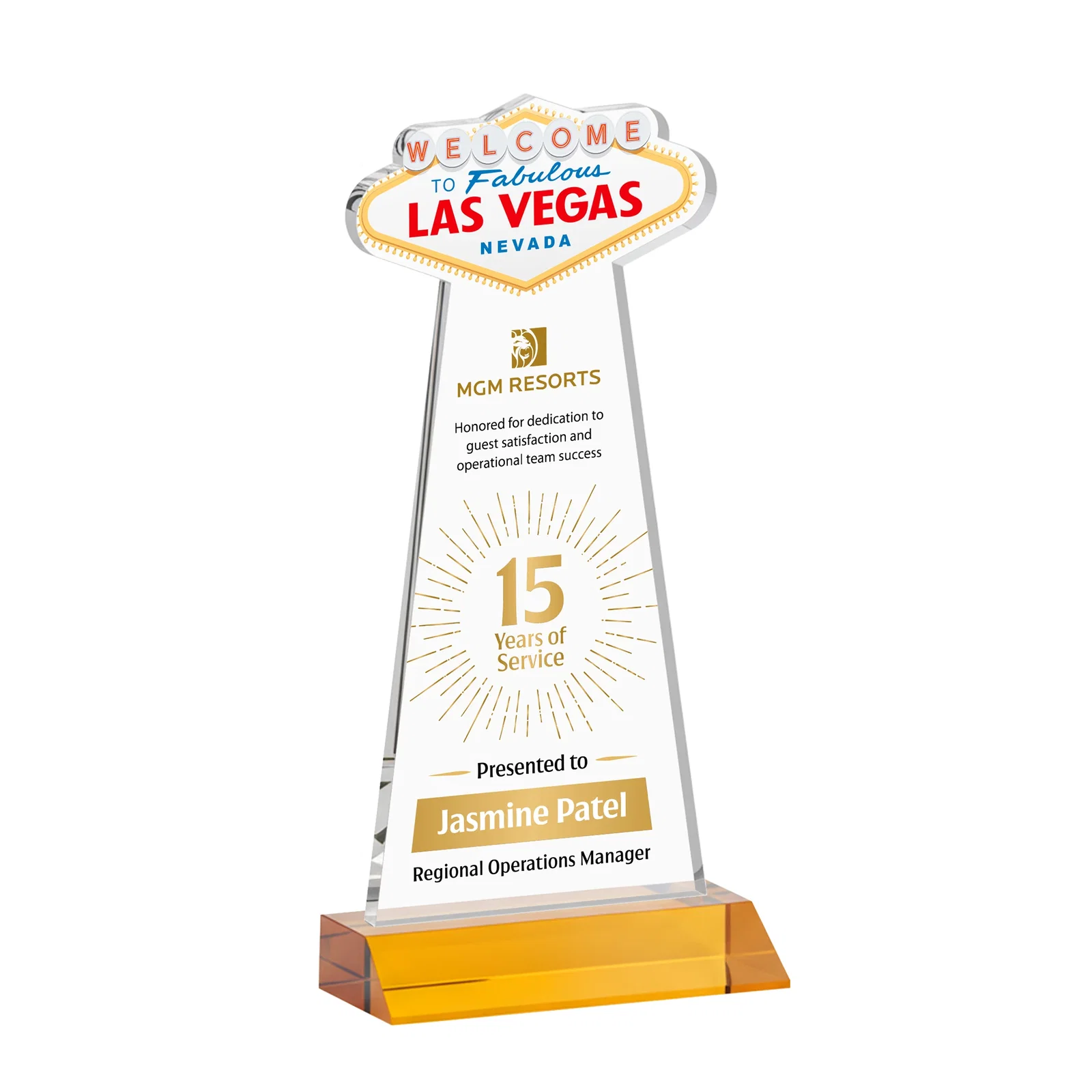 Branded Starfire Crystal Las Vegas Sign Award on Front-Mitered Base for donor appreciation