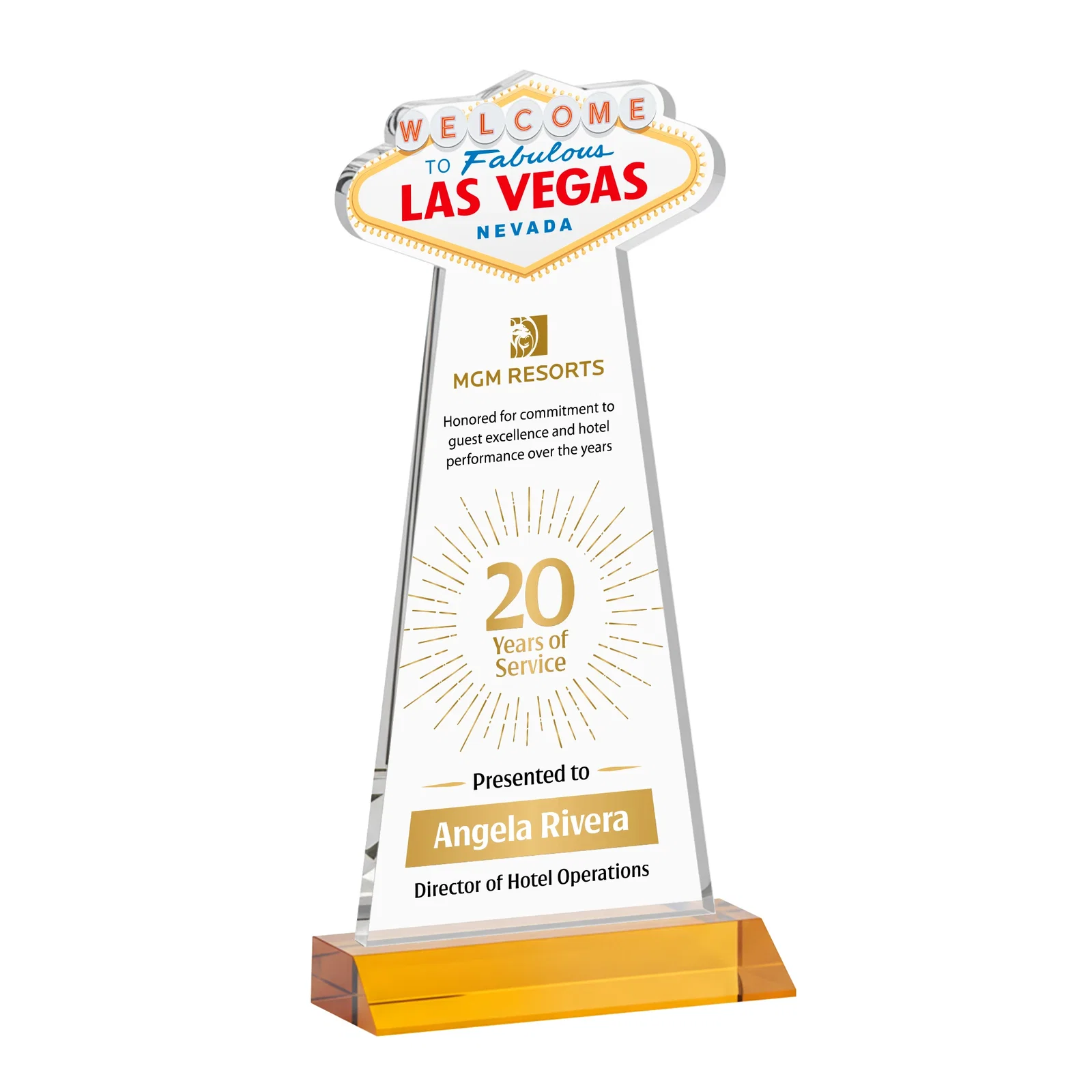 Branded Starfire Crystal Las Vegas Sign Award on Front-Mitered Base for graduation ceremonies