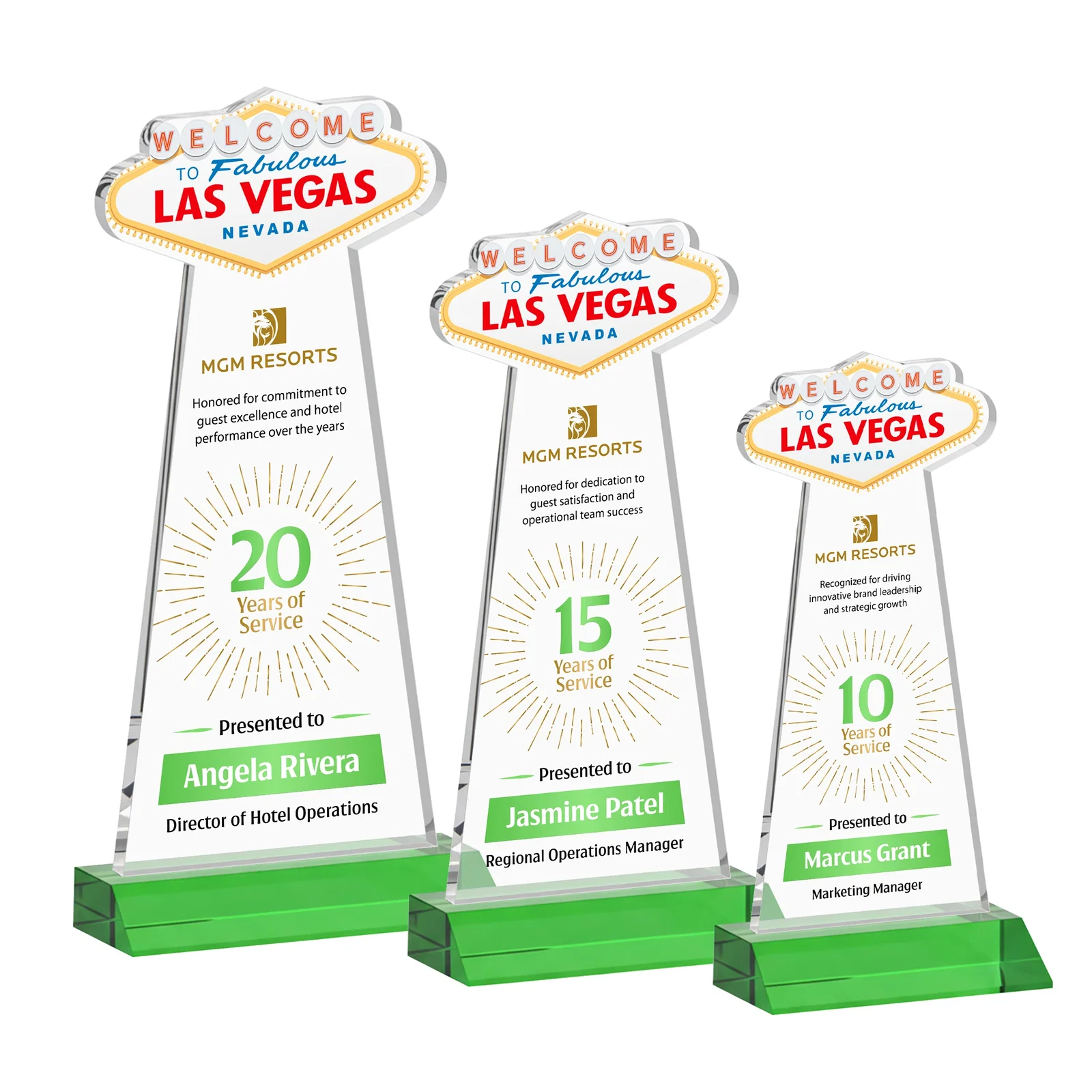 Branded Starfire Crystal Las Vegas Sign Award on Front-Mitered Base for safety achievement programs