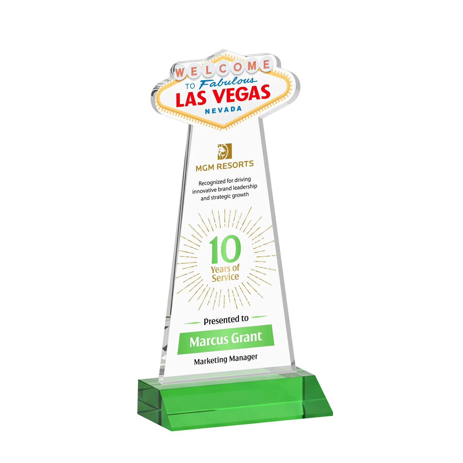 Branded Starfire Crystal Las Vegas Sign Award on Front-Mitered Base for volunteer appreciation