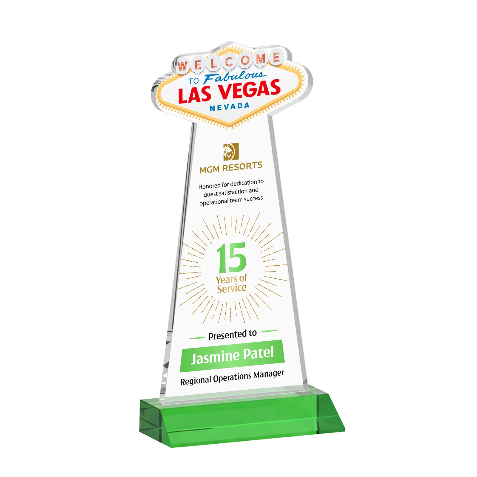 Branded Starfire Crystal Las Vegas Sign Award on Front-Mitered Base for dealer and partner awards