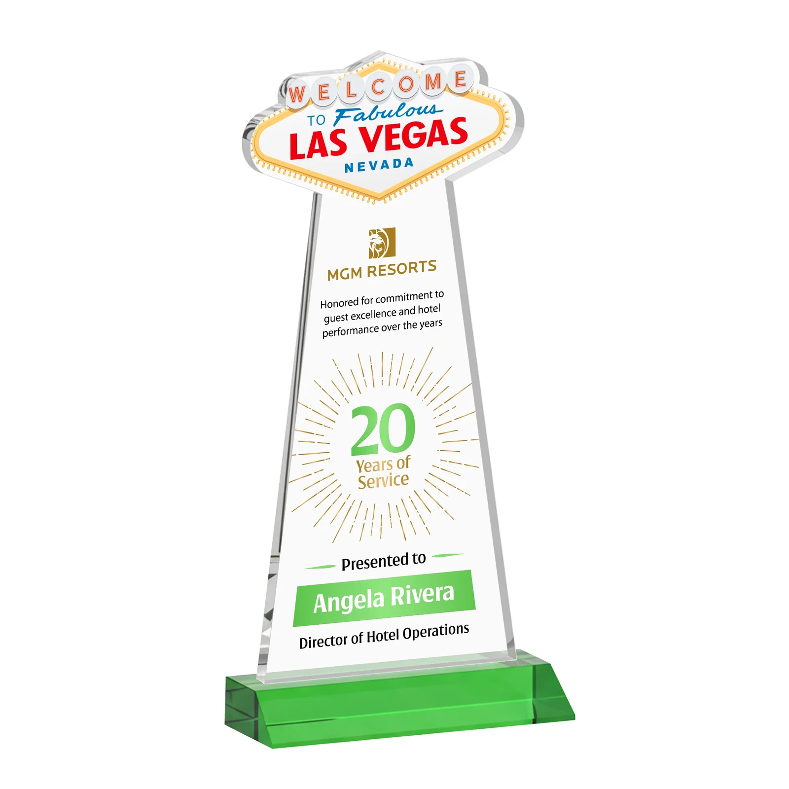 Branded Starfire Crystal Las Vegas Sign Award on Front-Mitered Base for company anniversary events