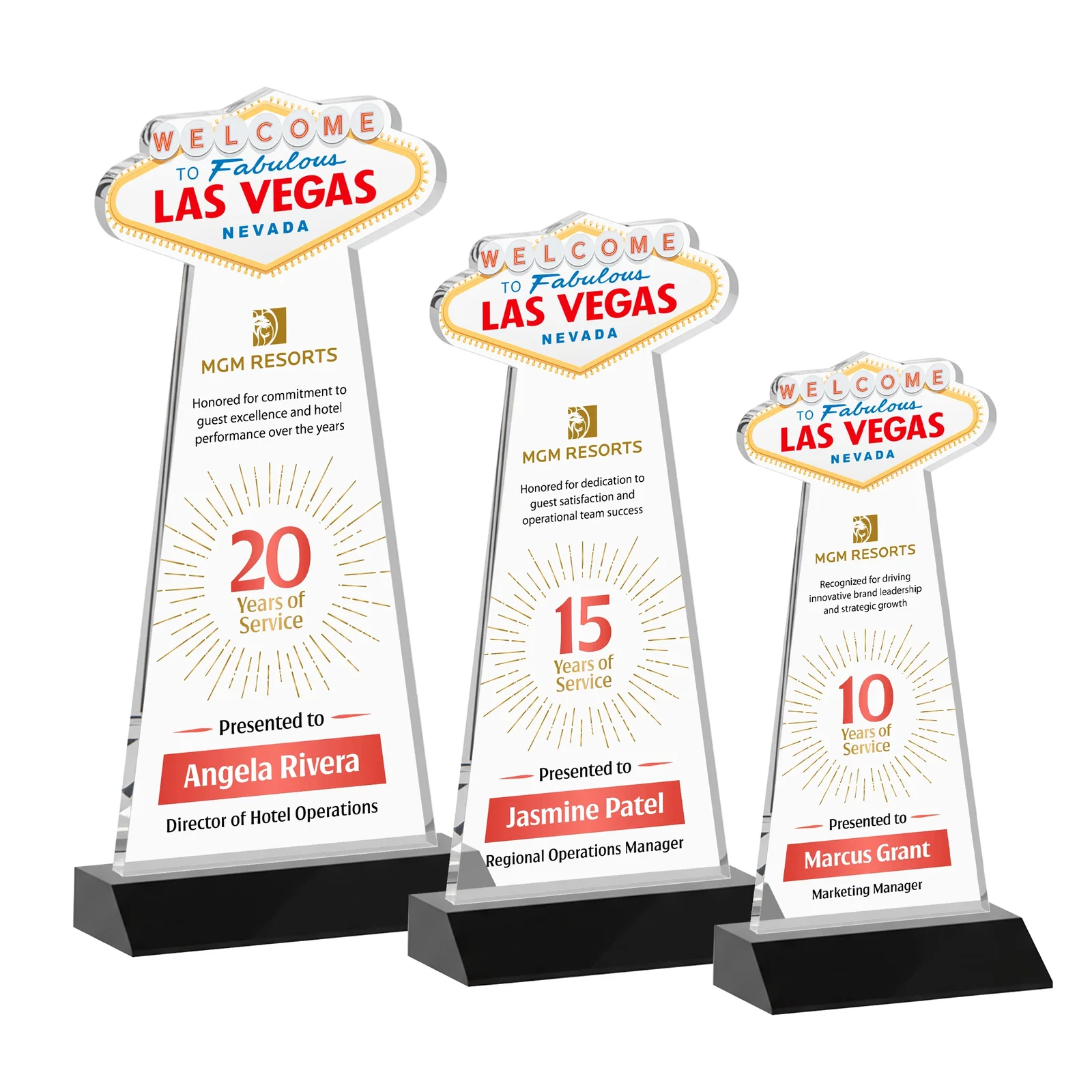 Custom printed Starfire Crystal Las Vegas Sign Award on Front-Mitered Base for employee recognition