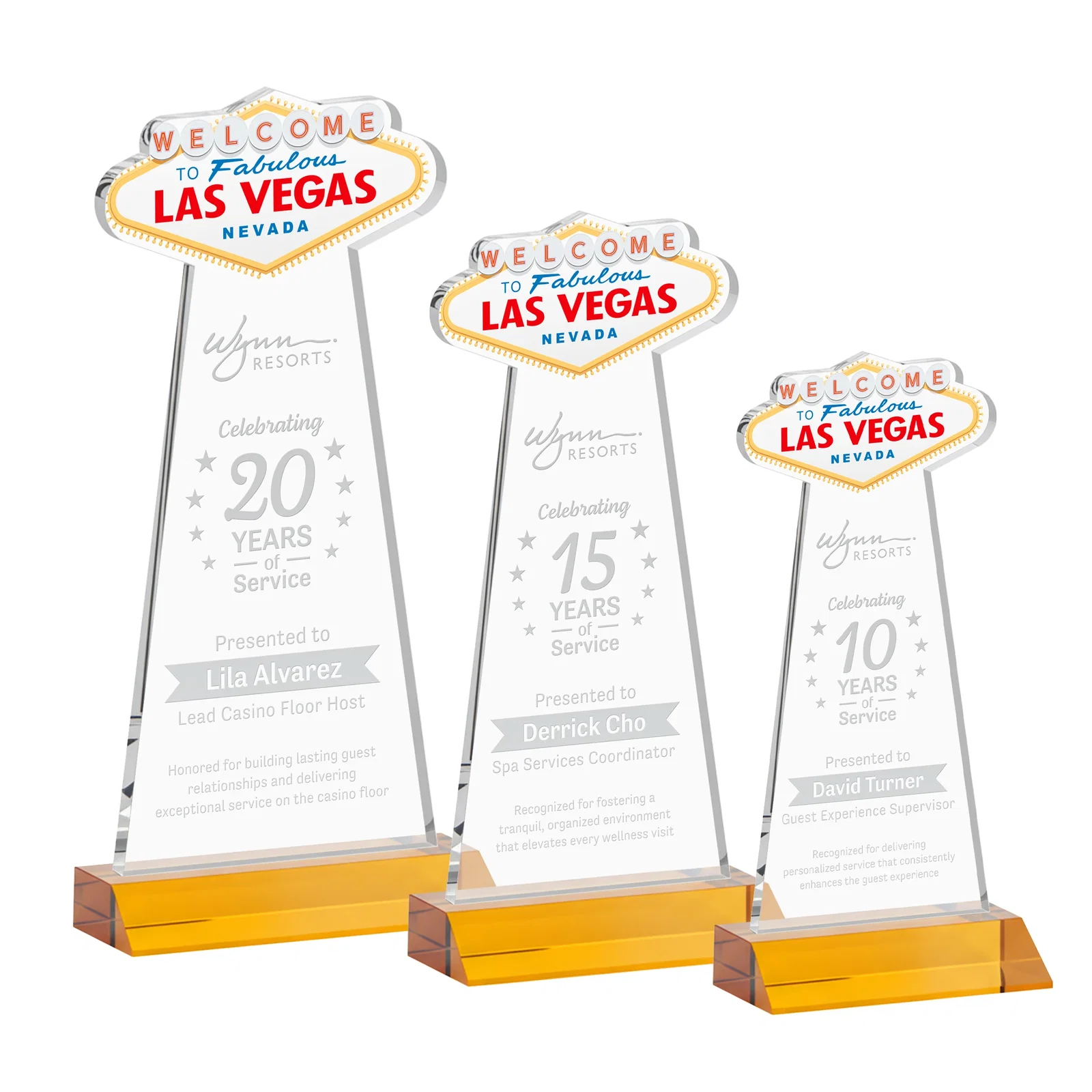 Custom Starfire Crystal Las Vegas Sign Award on Front-Mitered Base for retirement presentations