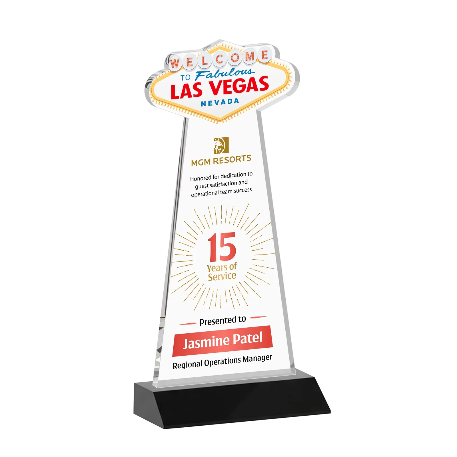 Custom printed Starfire Crystal Las Vegas Sign Award on Front-Mitered Base for service anniversary gifts