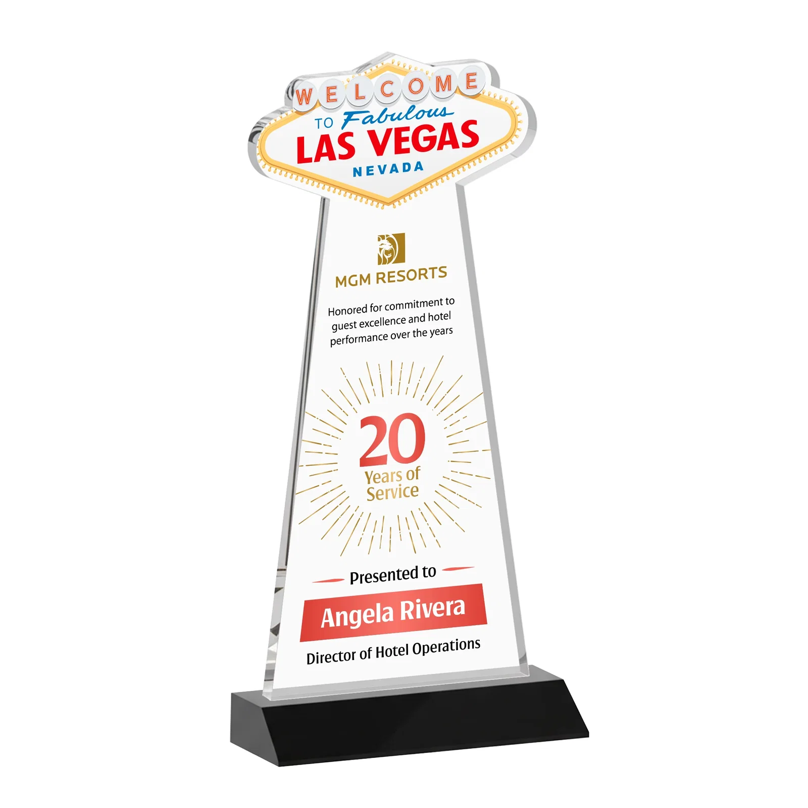 Custom printed Starfire Crystal Las Vegas Sign Award on Front-Mitered Base for sales achievement awards