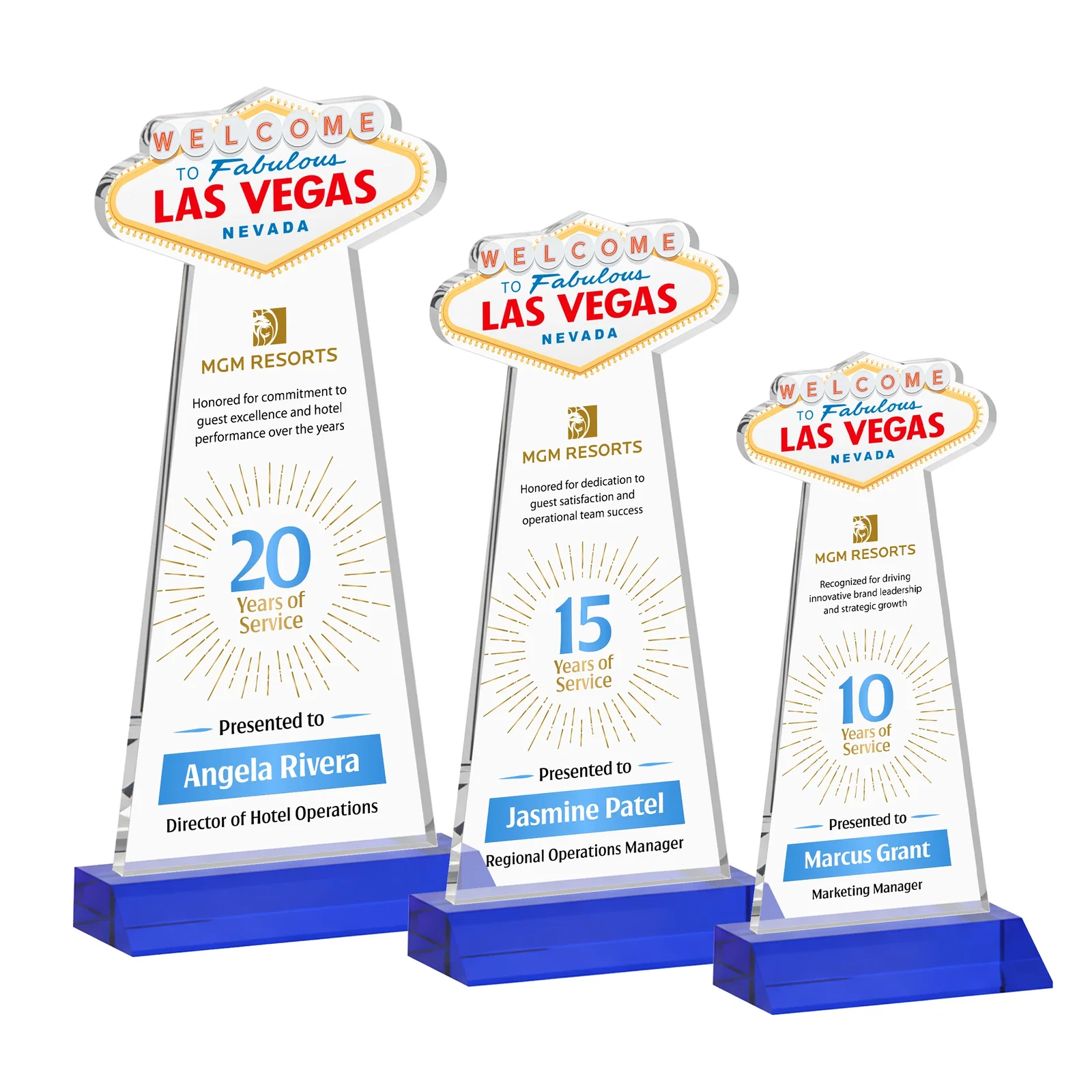 Custom printed Starfire Crystal Las Vegas Sign Award on Front-Mitered Base for retirement presentations
