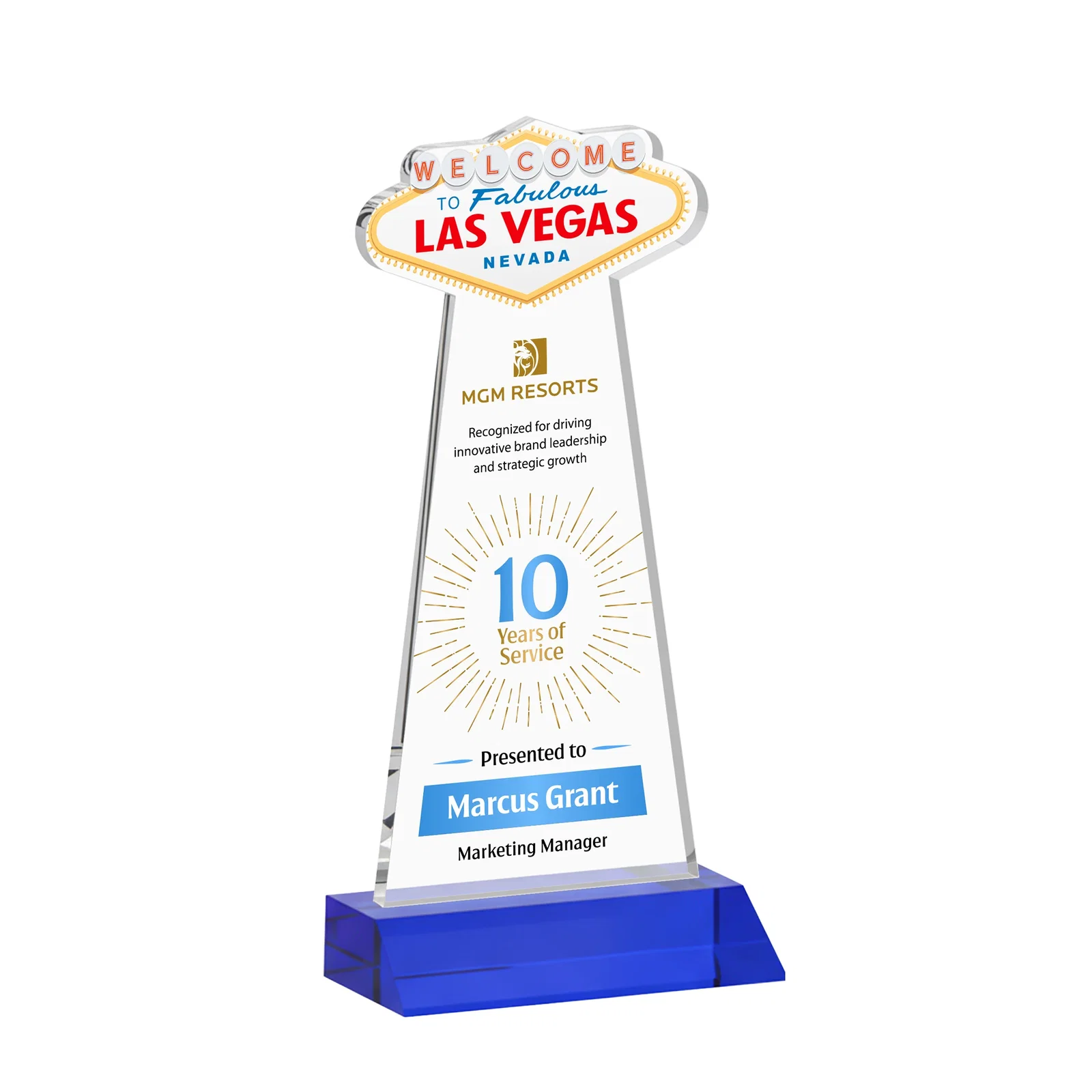 Custom printed Starfire Crystal Las Vegas Sign Award on Front-Mitered Base for team milestone celebrations
