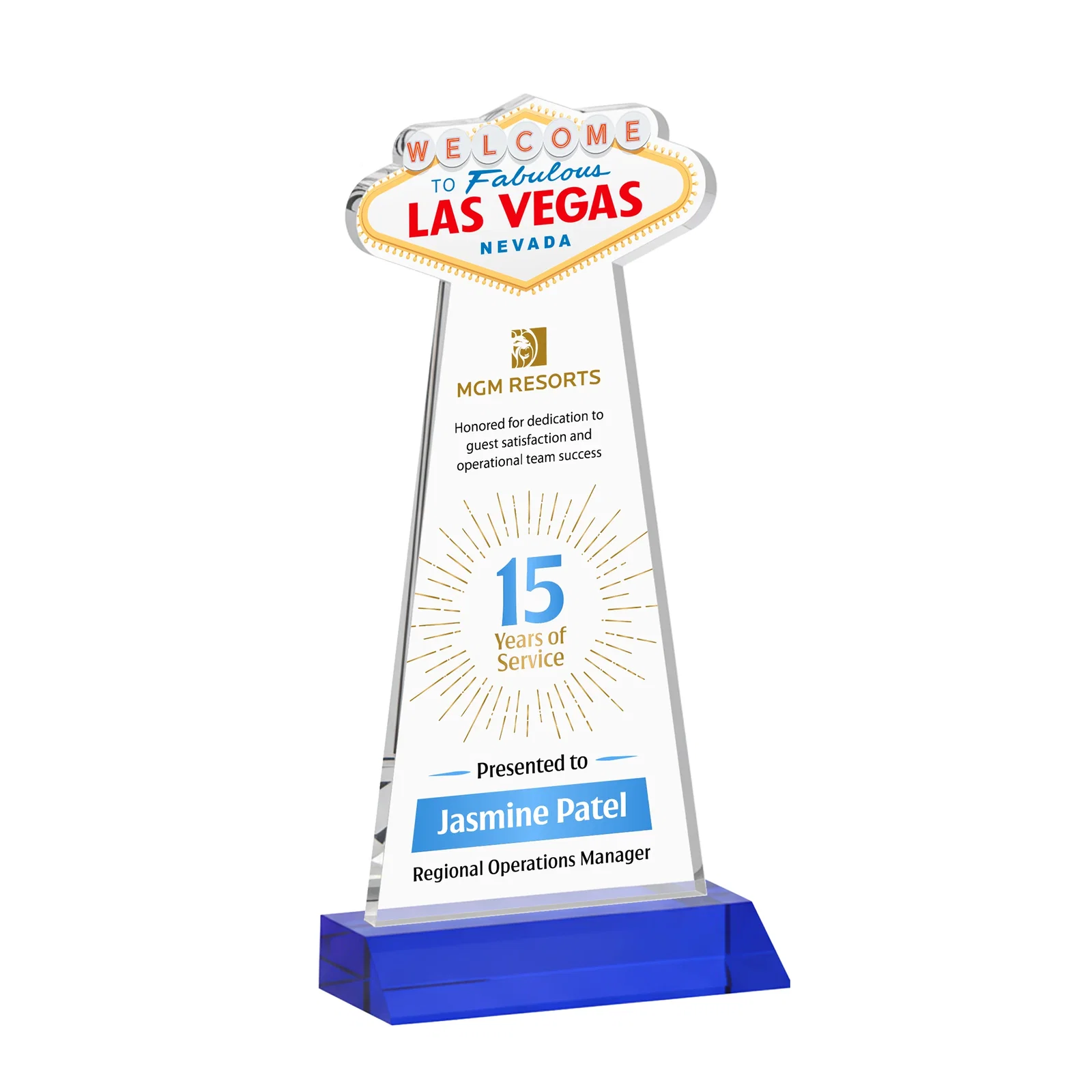 Custom printed Starfire Crystal Las Vegas Sign Award on Front-Mitered Base for donor appreciation