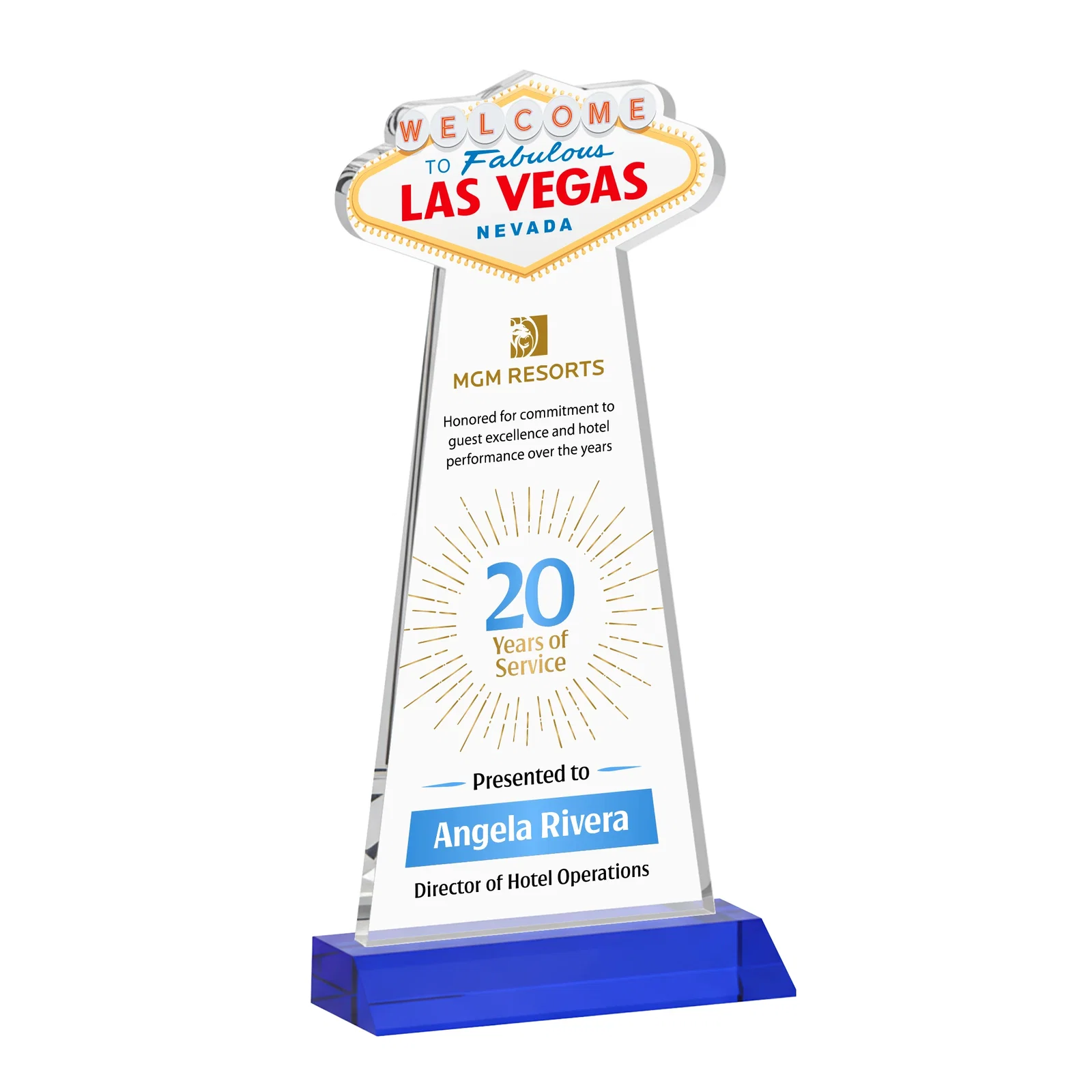 Custom printed Starfire Crystal Las Vegas Sign Award on Front-Mitered Base for graduation ceremonies