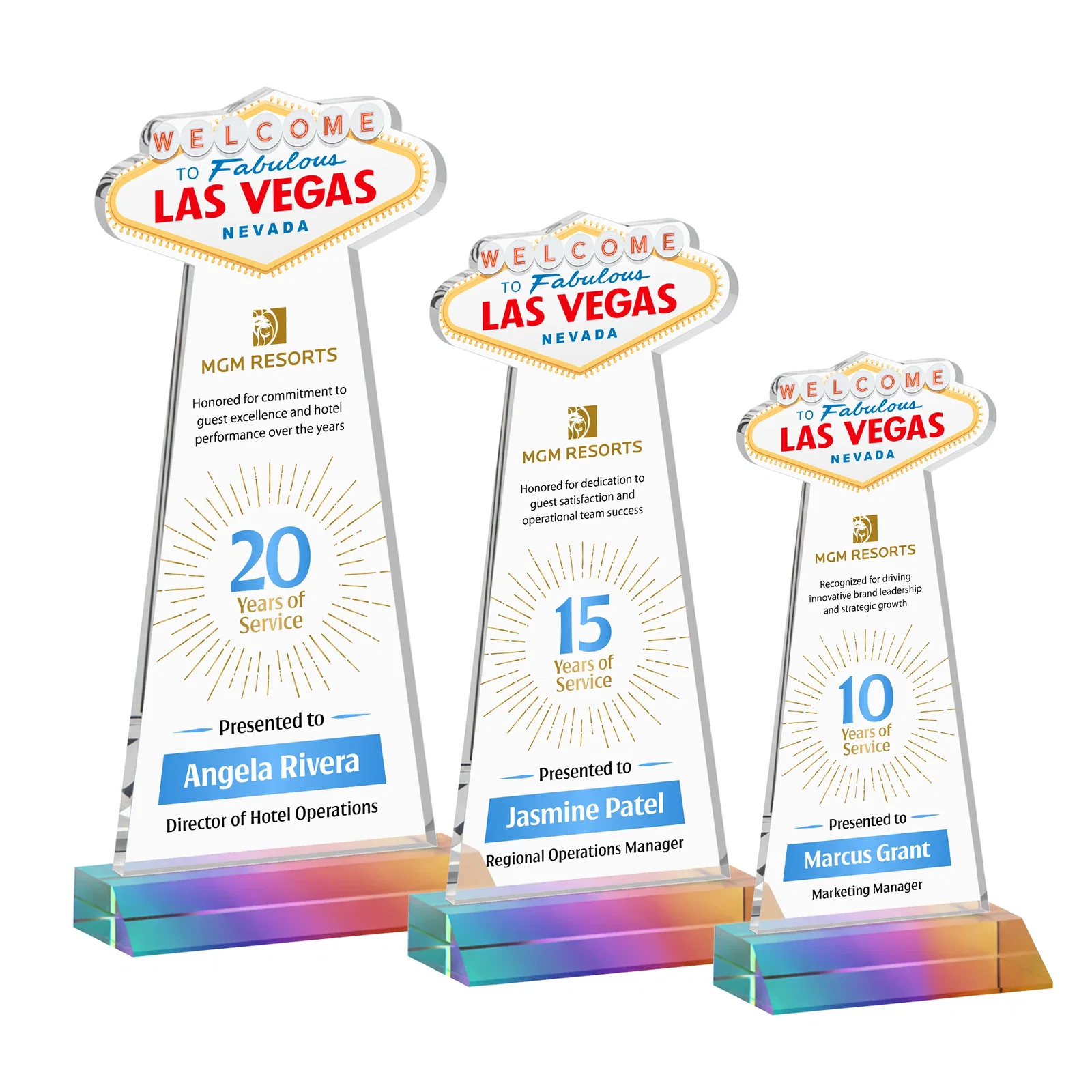 Custom printed Starfire Crystal Las Vegas Sign Award on Front-Mitered Base for safety achievement programs