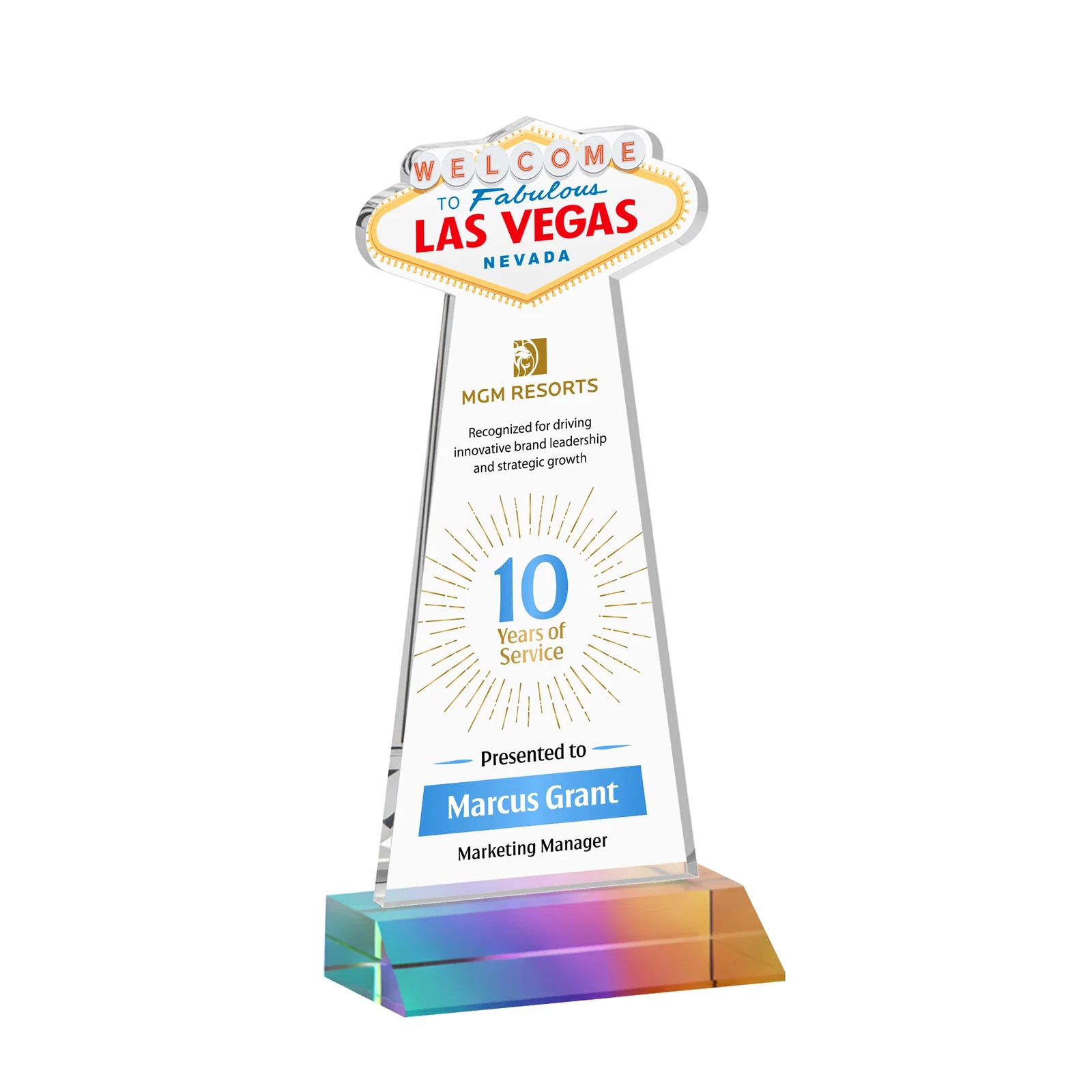 Custom printed Starfire Crystal Las Vegas Sign Award on Front-Mitered Base for volunteer appreciation