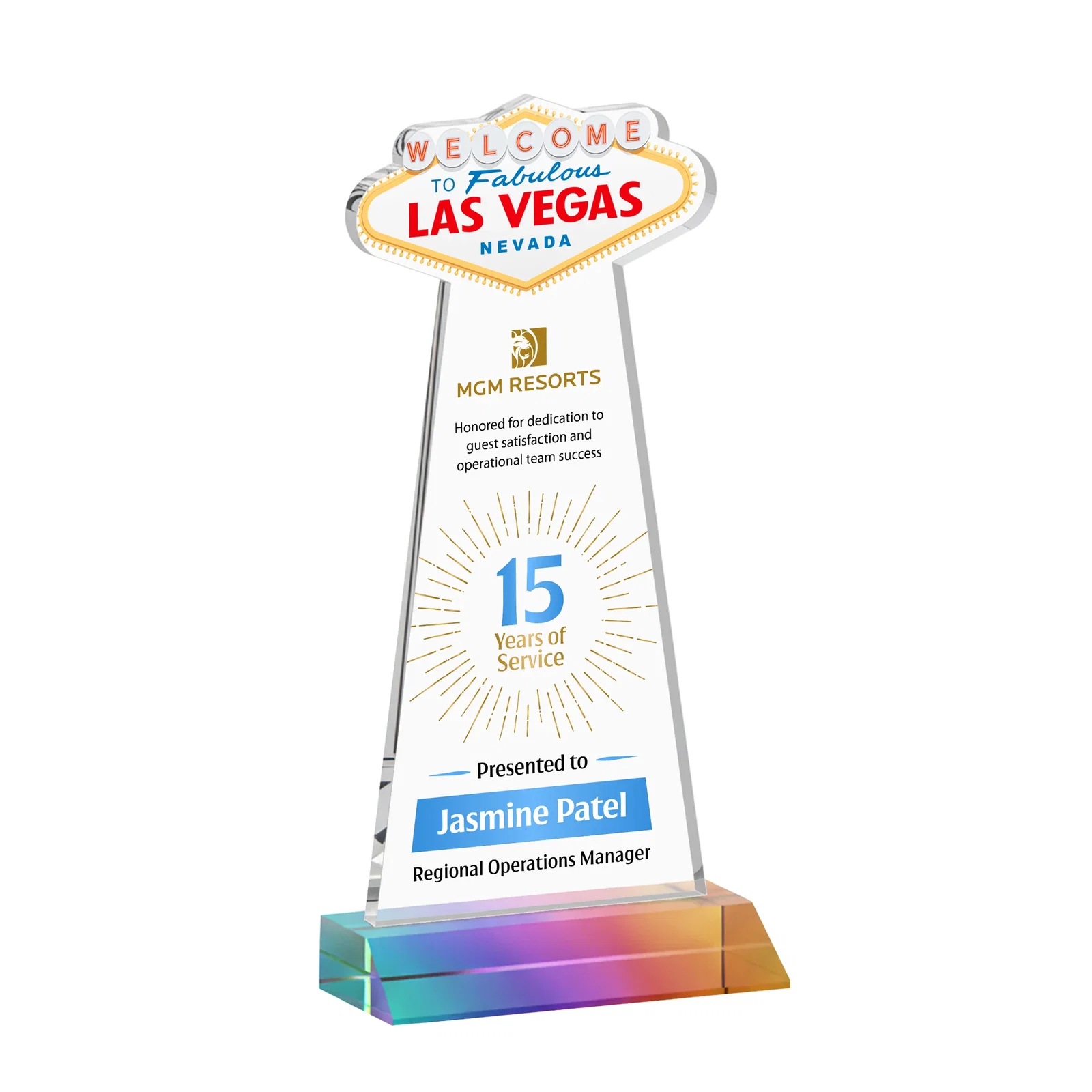 Custom printed Starfire Crystal Las Vegas Sign Award on Front-Mitered Base for dealer and partner awards