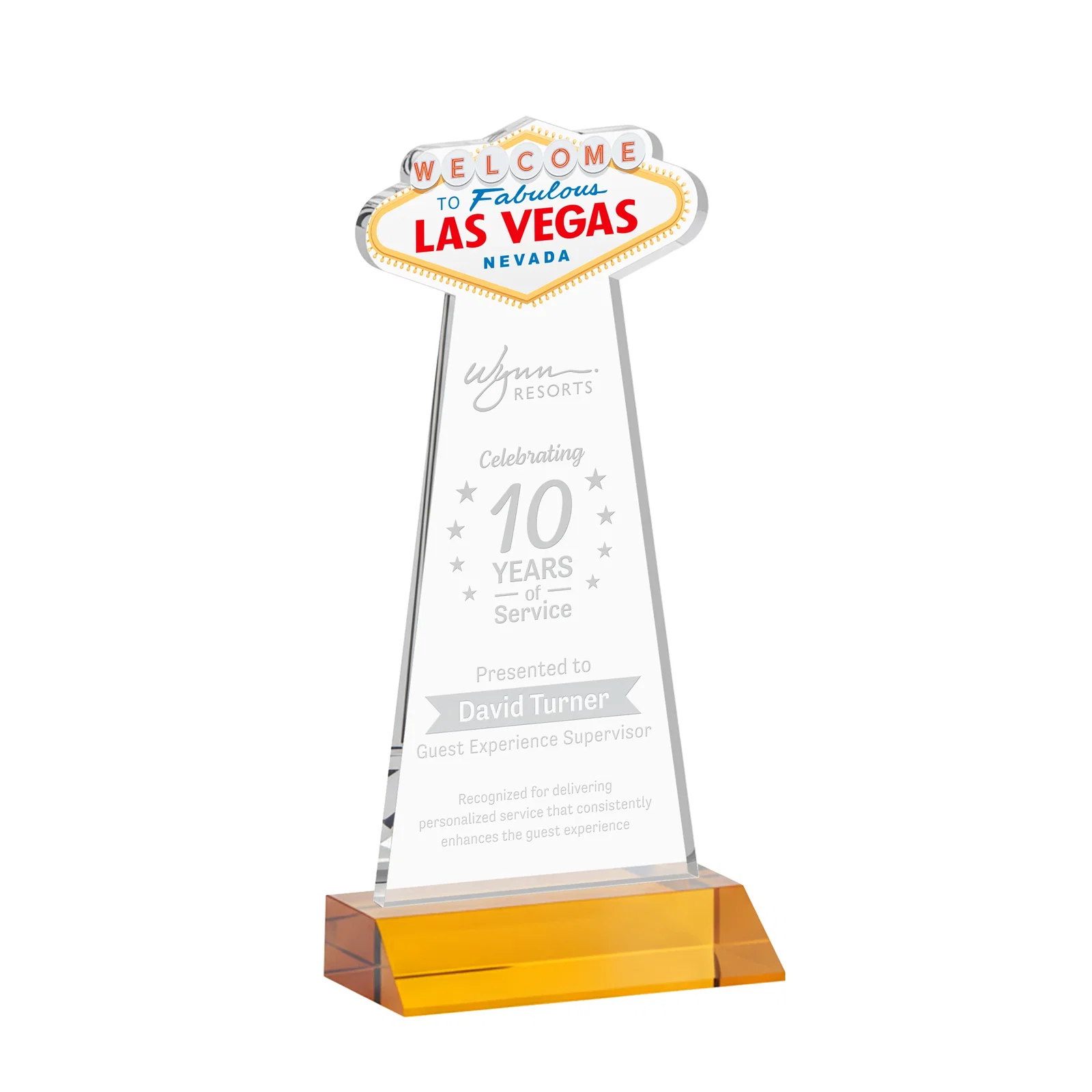 Custom Starfire Crystal Las Vegas Sign Award on Front-Mitered Base for team milestone celebrations