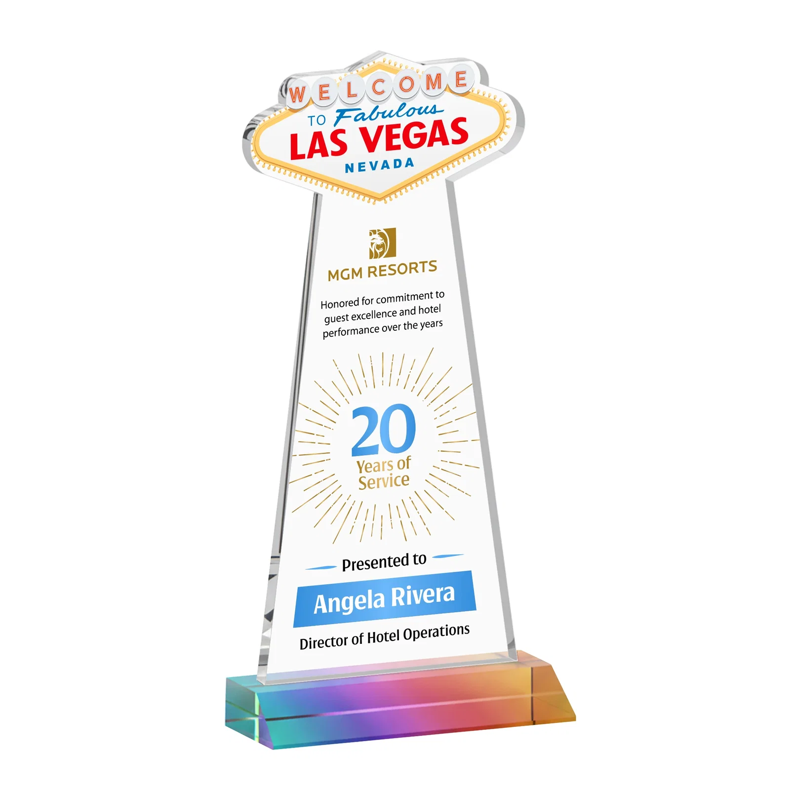 Custom printed Starfire Crystal Las Vegas Sign Award on Front-Mitered Base for company anniversary events