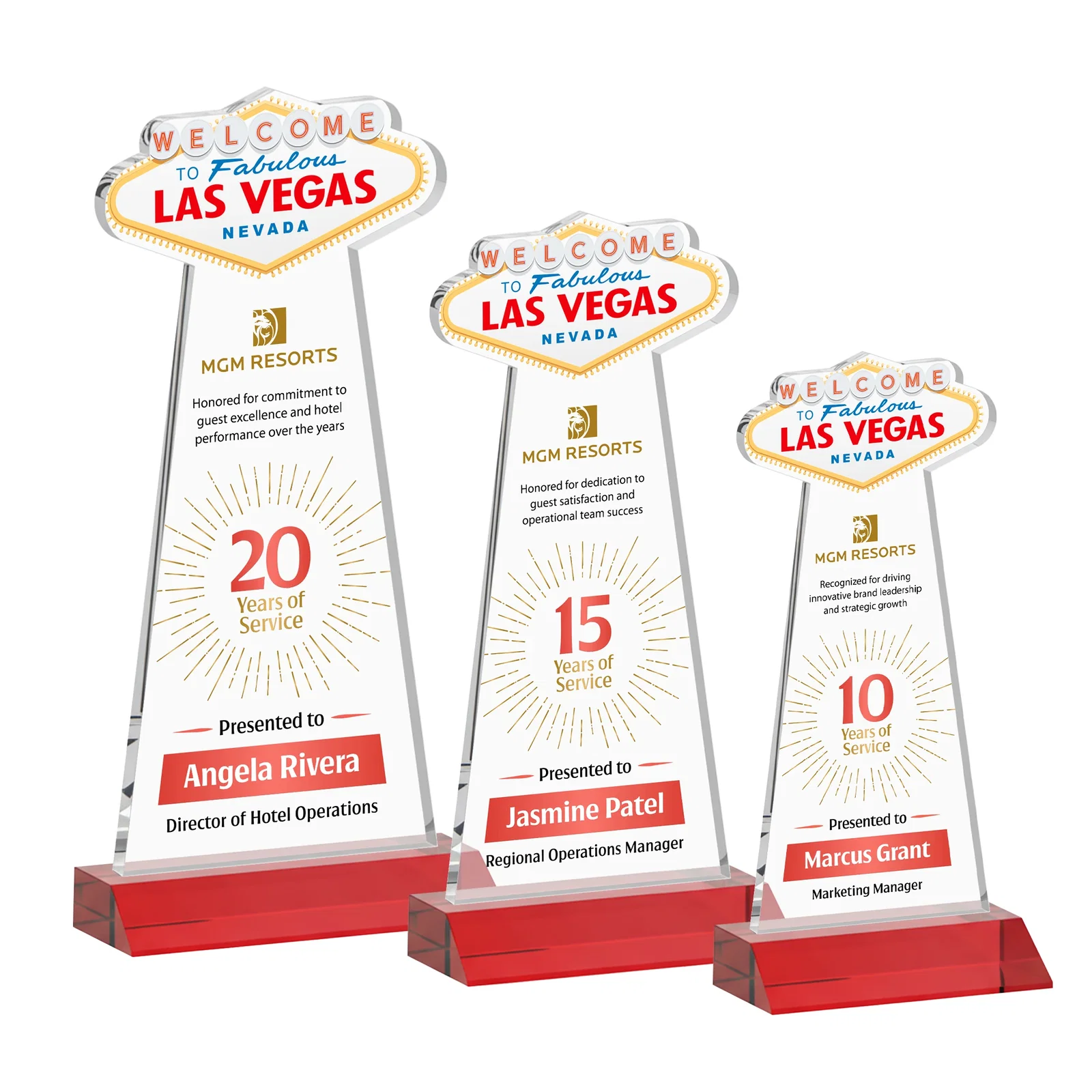Customized Starfire Crystal Las Vegas Sign Award on Front-Mitered Base for employee recognition
