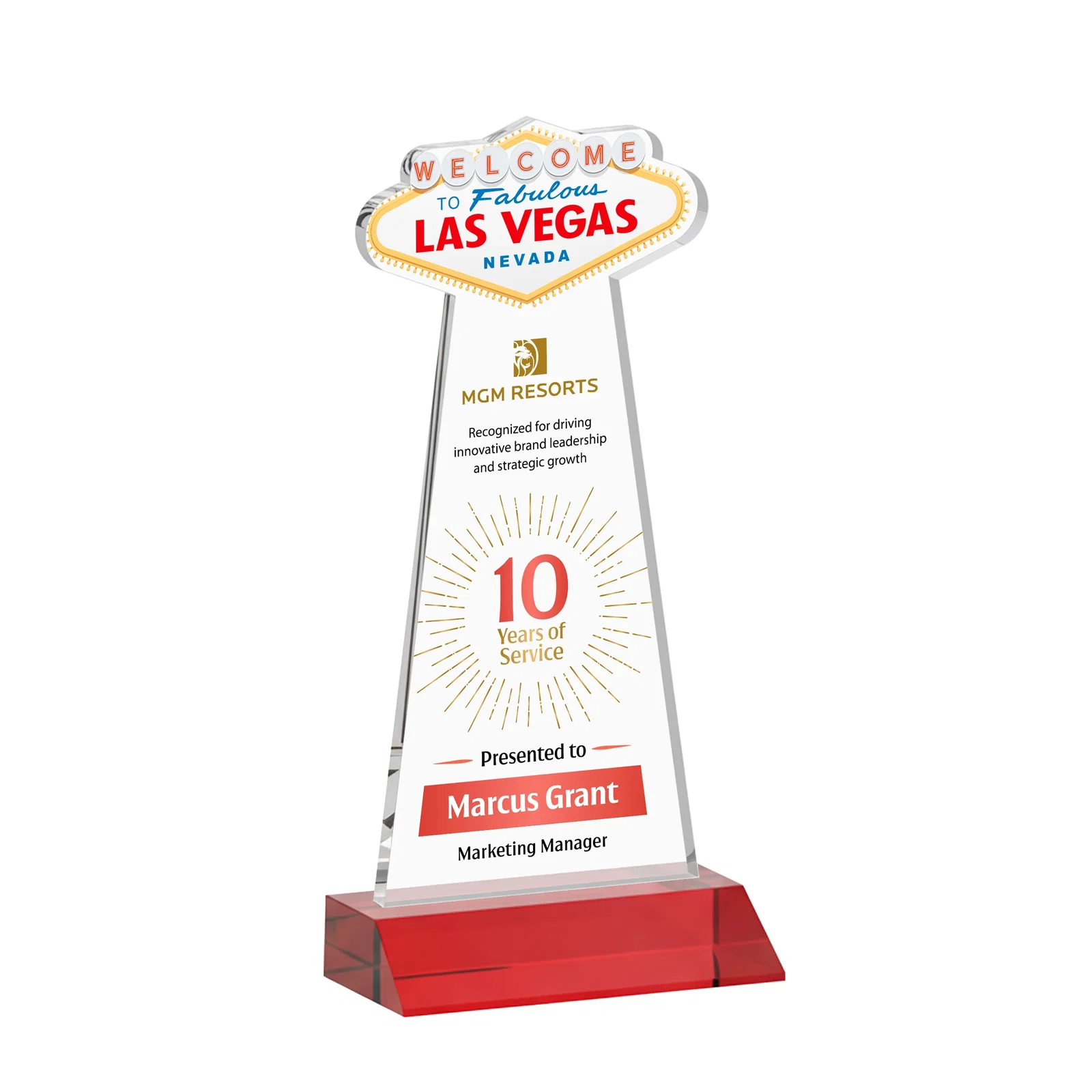 Customized Starfire Crystal Las Vegas Sign Award on Front-Mitered Base for corporate award ceremonies