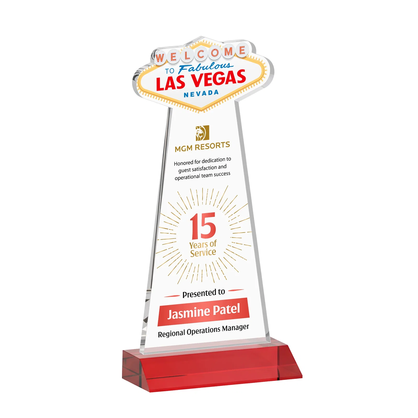 Customized Starfire Crystal Las Vegas Sign Award on Front-Mitered Base for service anniversary gifts