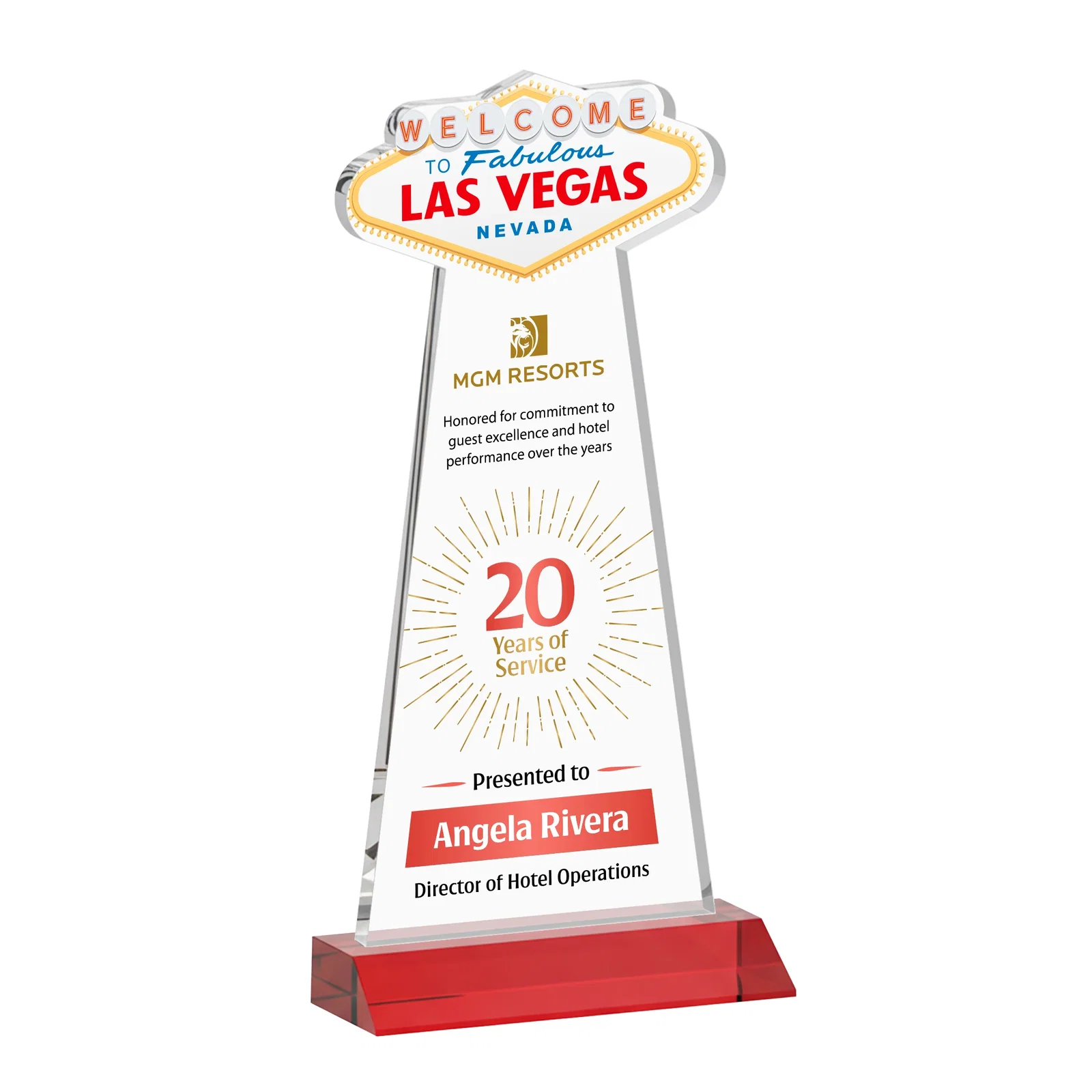 Customized Starfire Crystal Las Vegas Sign Award on Front-Mitered Base for sales achievement awards