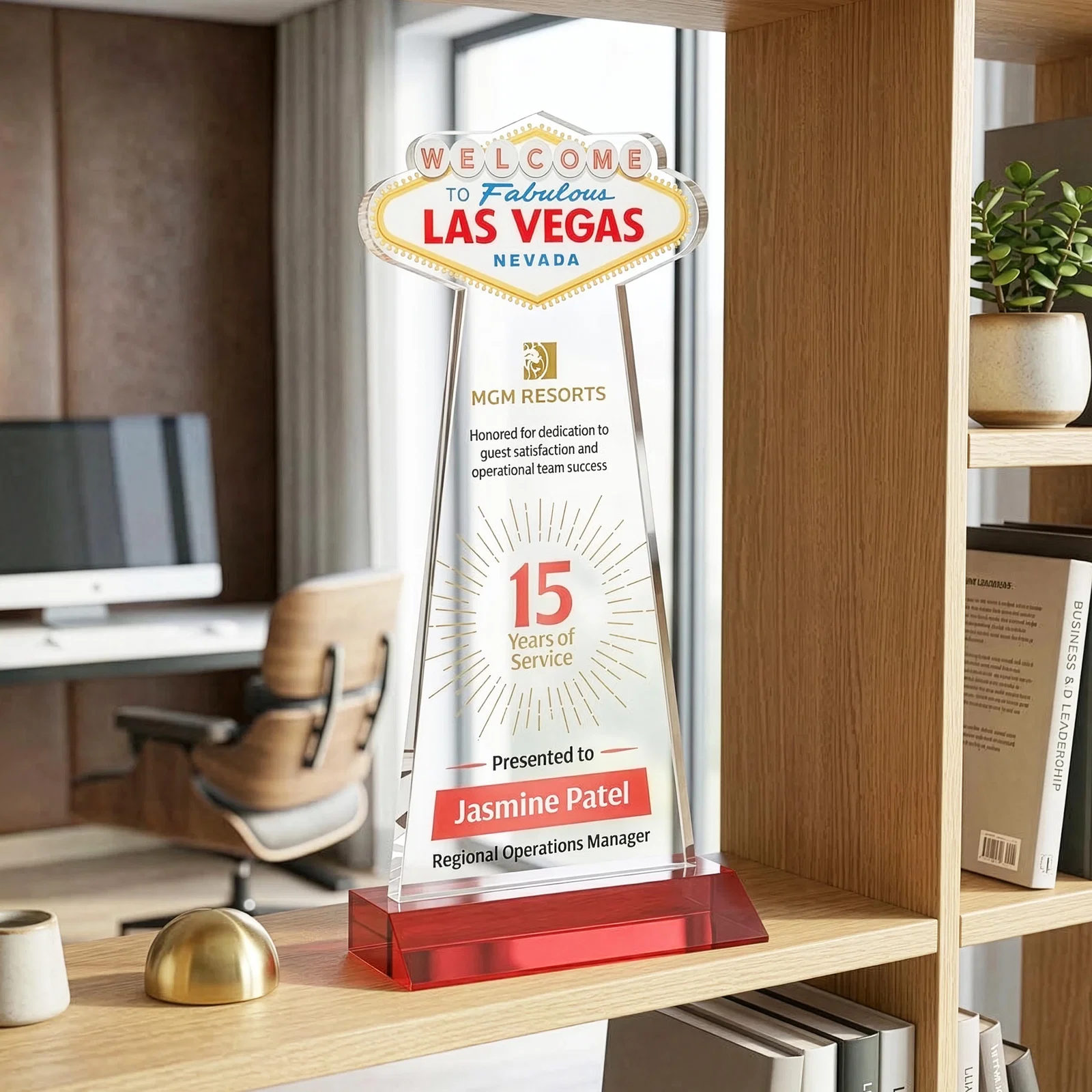 Customized Starfire Crystal Las Vegas Sign Award on Front-Mitered Base for retirement presentations