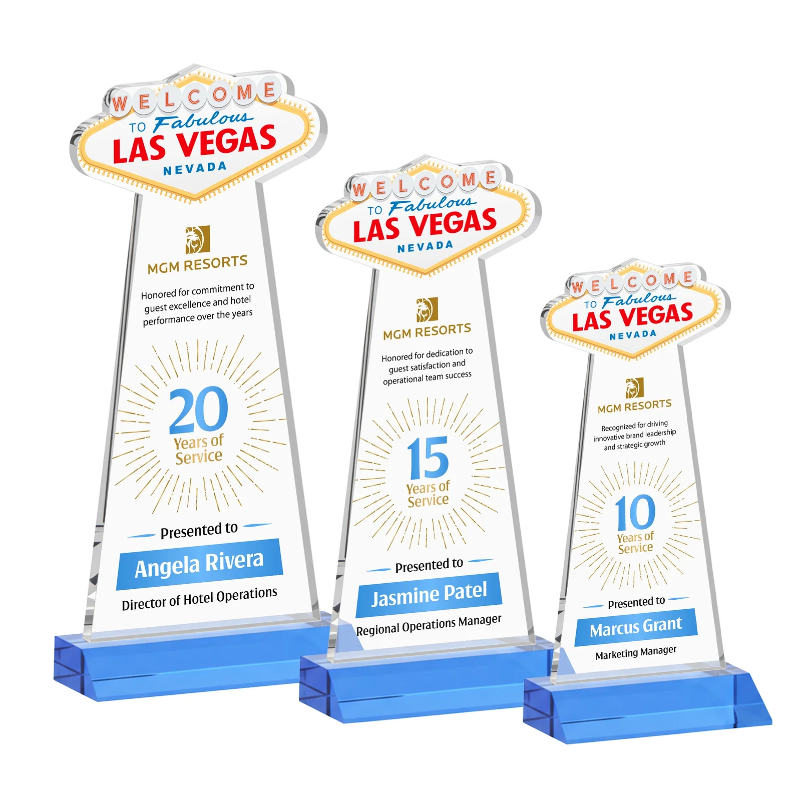 Customized Starfire Crystal Las Vegas Sign Award on Front-Mitered Base for team milestone celebrations