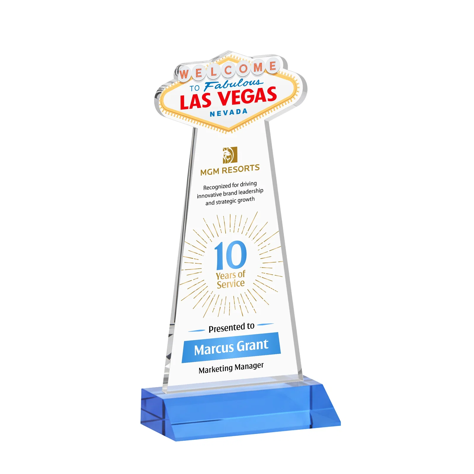 Customized Starfire Crystal Las Vegas Sign Award on Front-Mitered Base for donor appreciation