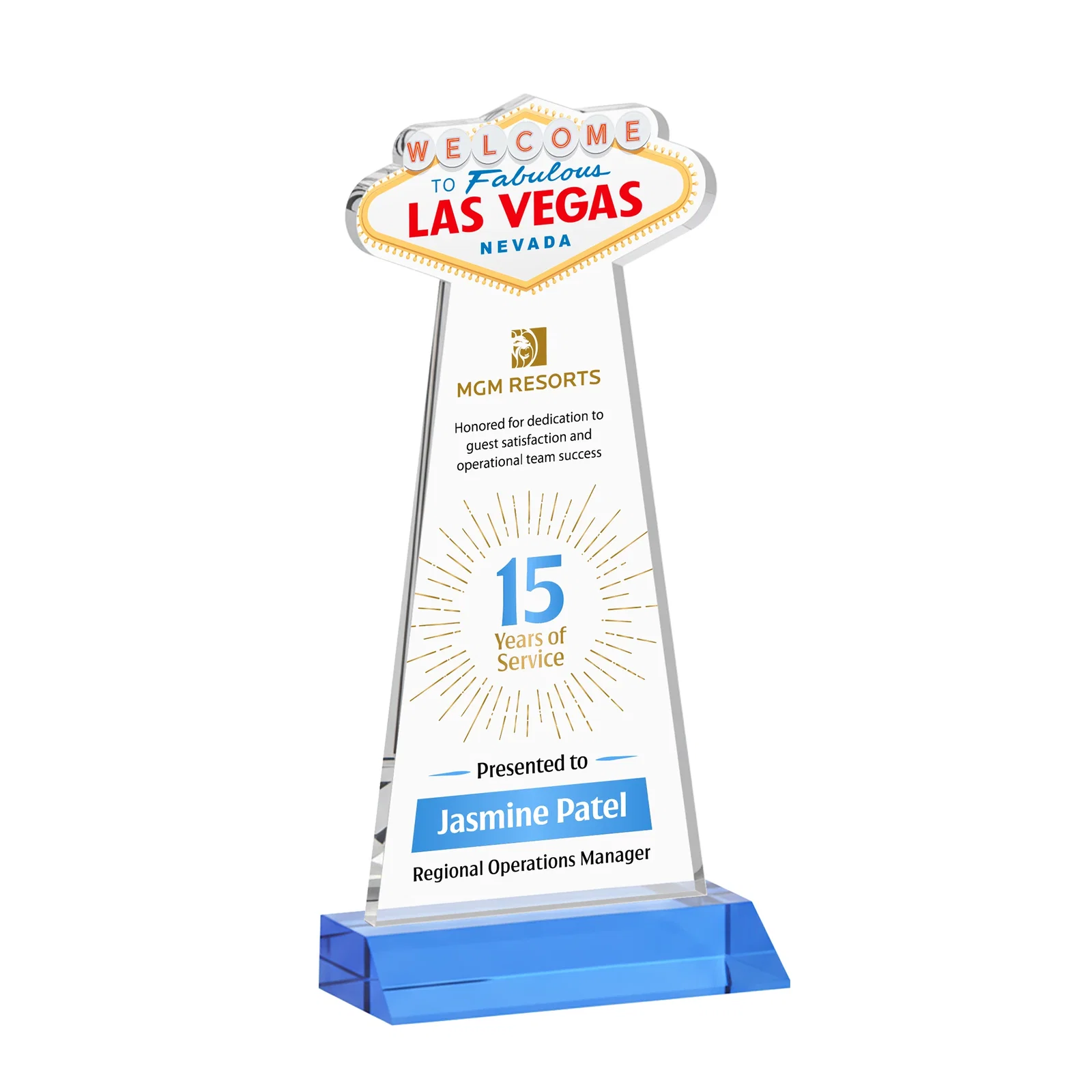 Customized Starfire Crystal Las Vegas Sign Award on Front-Mitered Base for graduation ceremonies