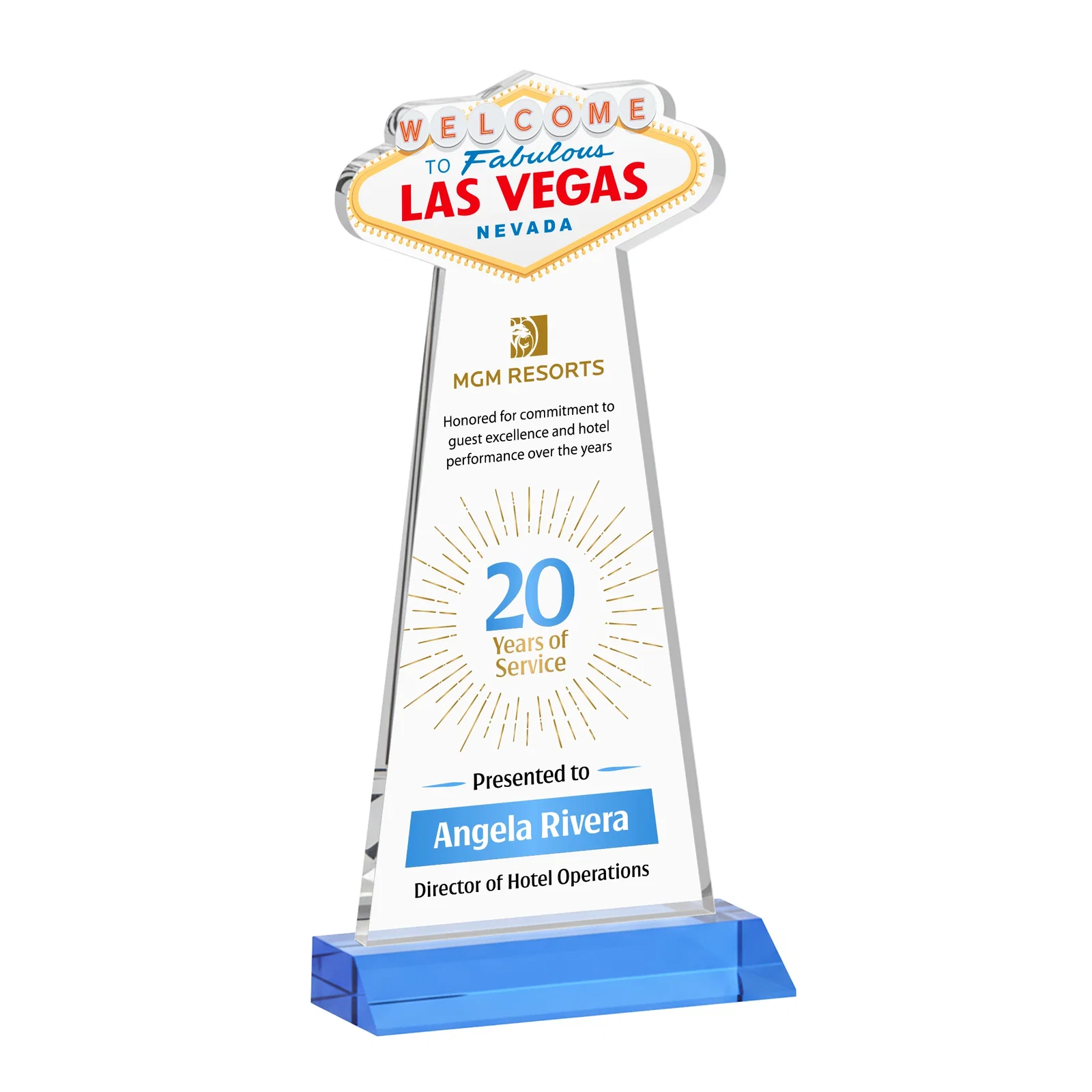 Customized Starfire Crystal Las Vegas Sign Award on Front-Mitered Base for safety achievement programs