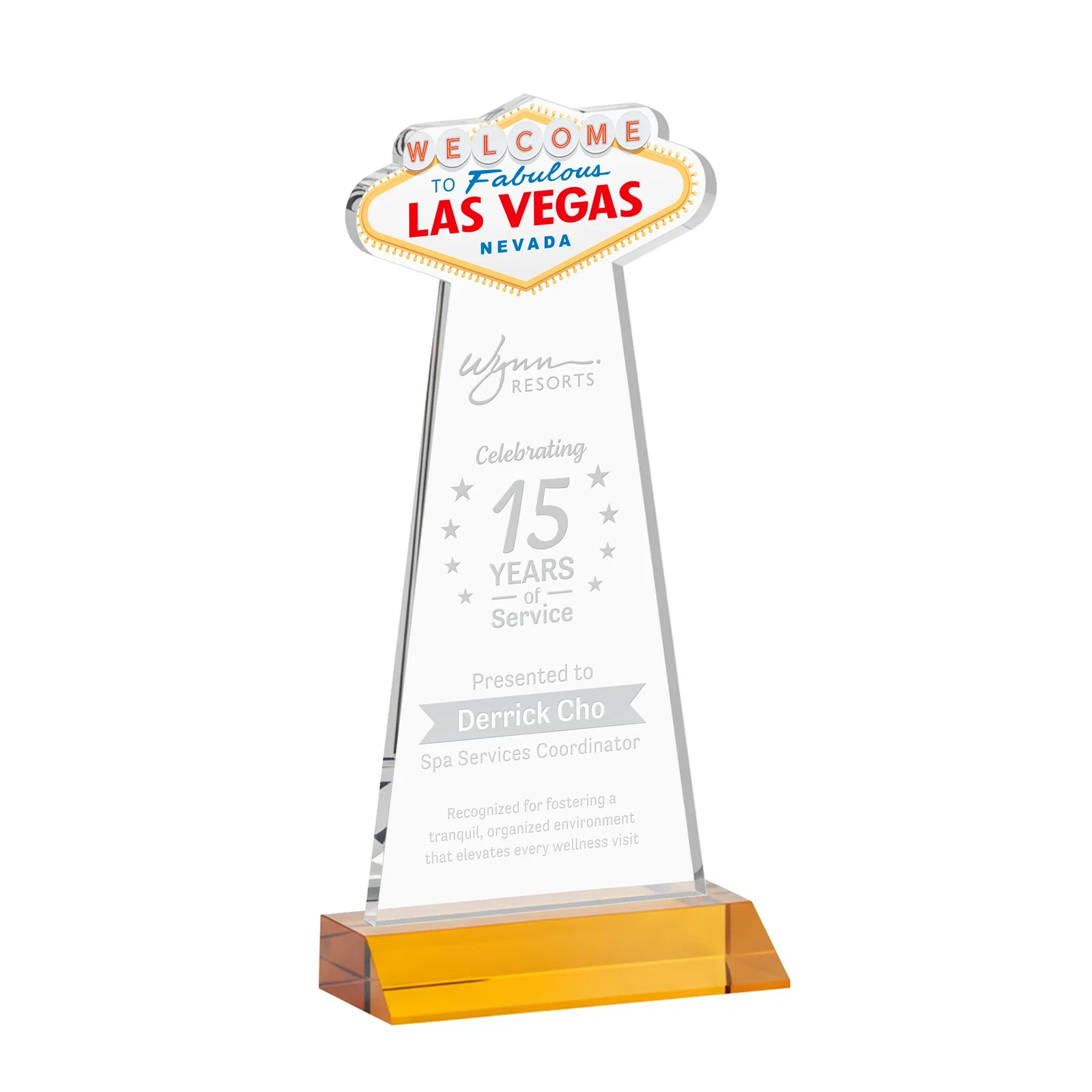 Custom Starfire Crystal Las Vegas Sign Award on Front-Mitered Base for donor appreciation