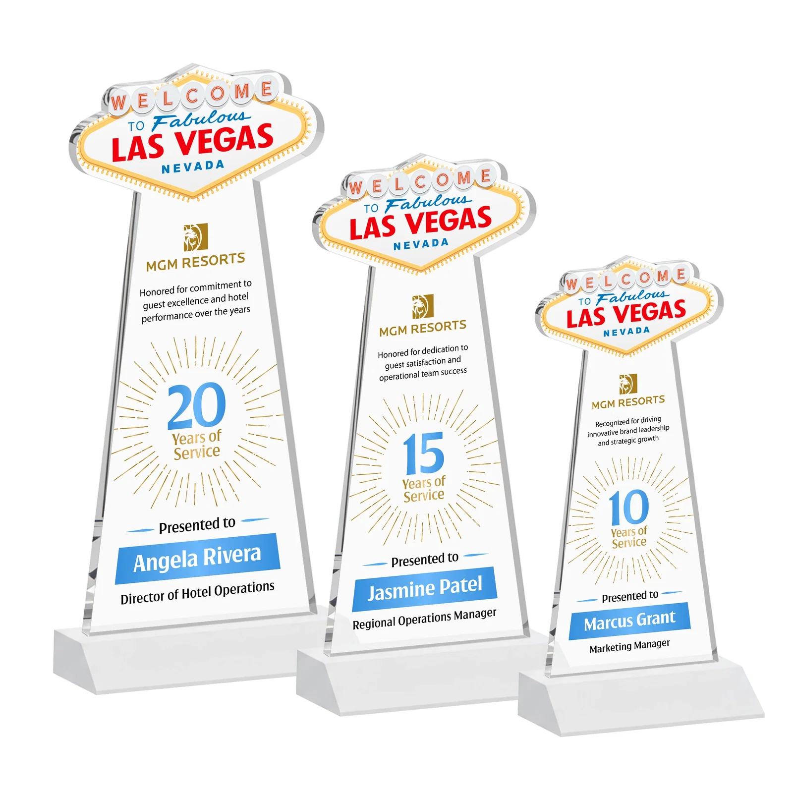 Customized Starfire Crystal Las Vegas Sign Award on Front-Mitered Base for volunteer appreciation