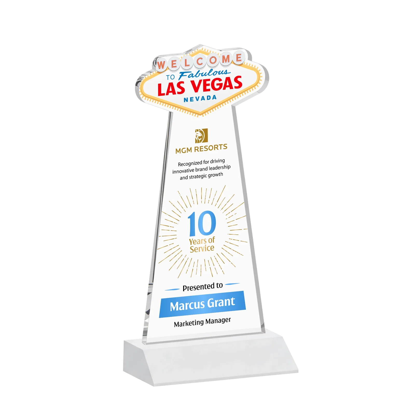 Customized Starfire Crystal Las Vegas Sign Award on Front-Mitered Base for dealer and partner awards